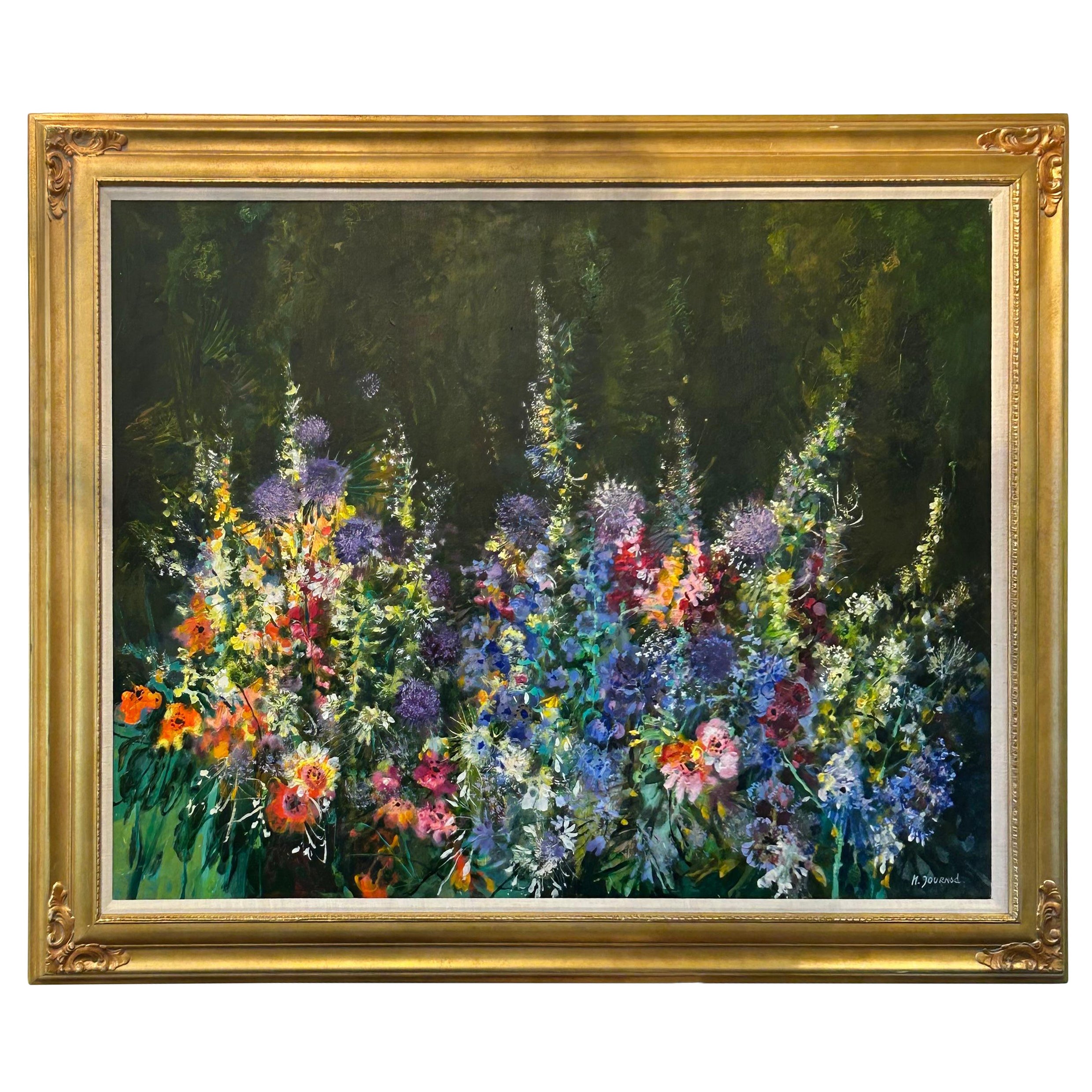 Large Original Painting of Flowers in a Garden by French Artist M. Journod For Sale