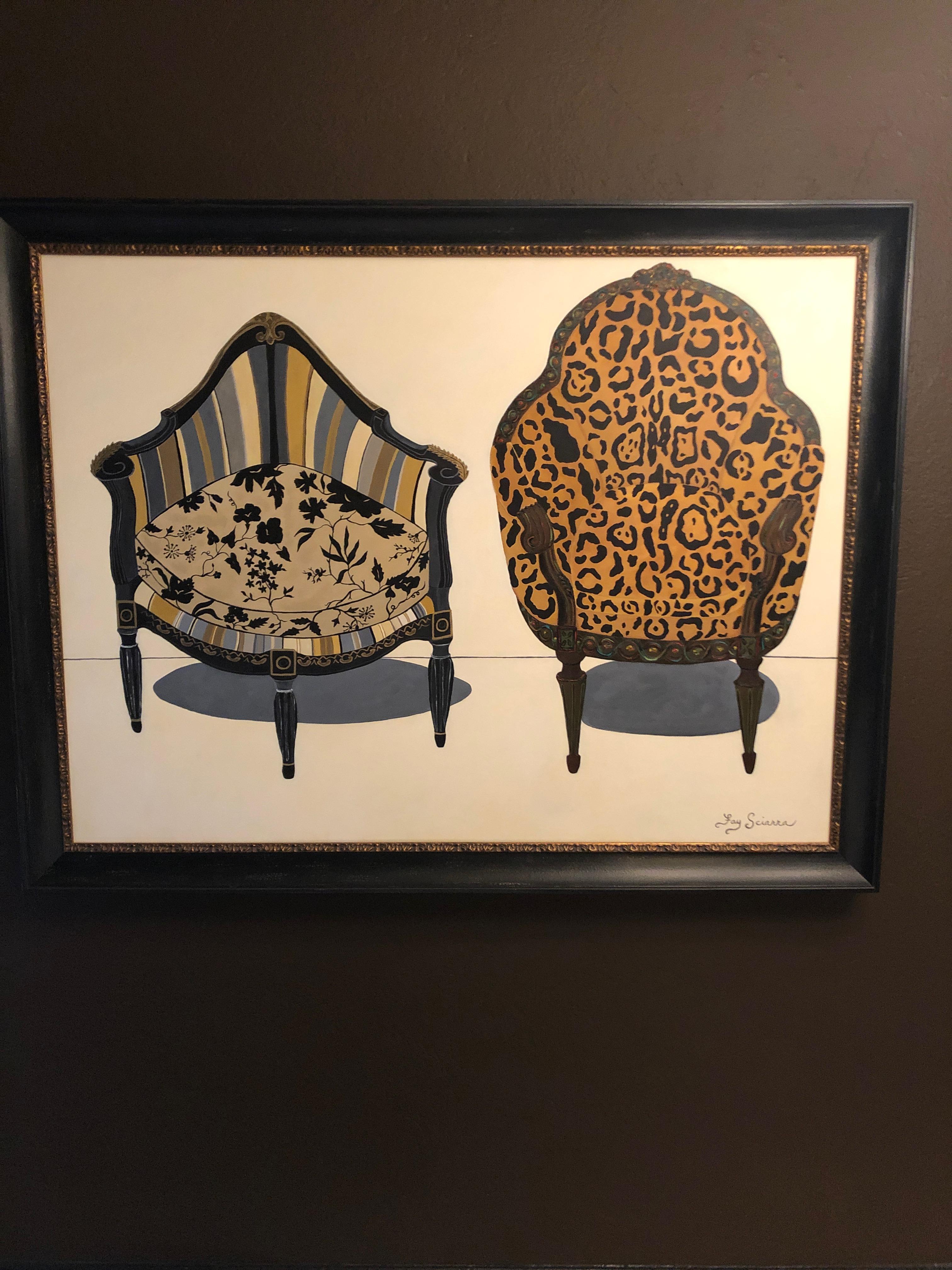 Very striking bold contemporary acrylic on canvas. Two antique chairs contemporized in animal print fabrics. Gorgeous wood and gilded custom frame.