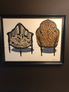 Very Large Graphic Original Painting of Two Antique Chairs