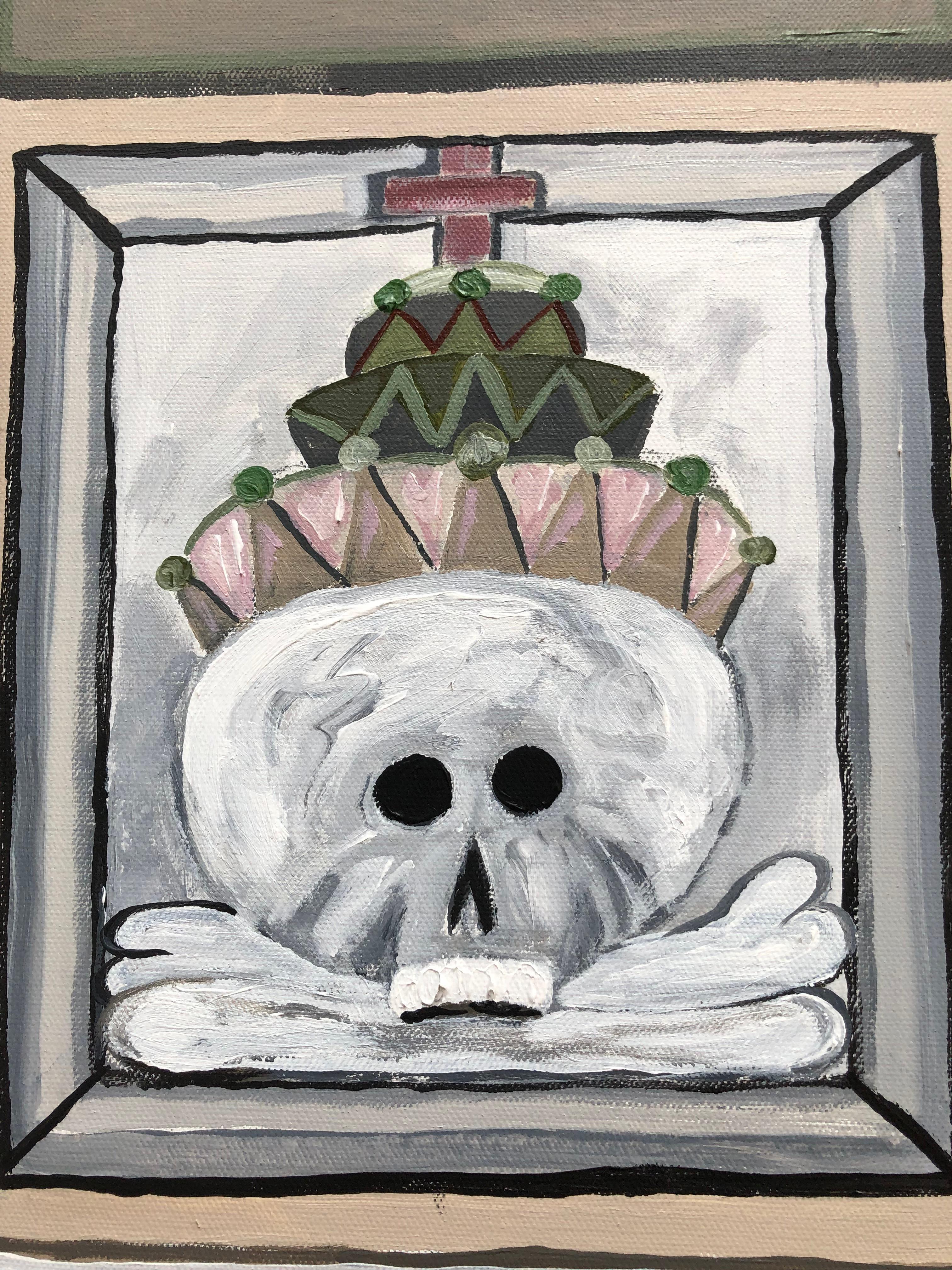 Grande peinture originale sur toile représentant une porte italienne à motif de crâne en vente 1
