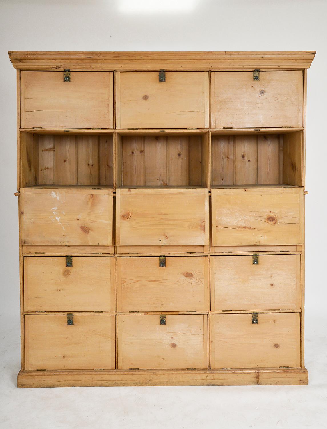 Large Original Pine Antique Bank of Solicitors Cupboards Barrister Bookcases In Good Condition In Sherborne, Dorset