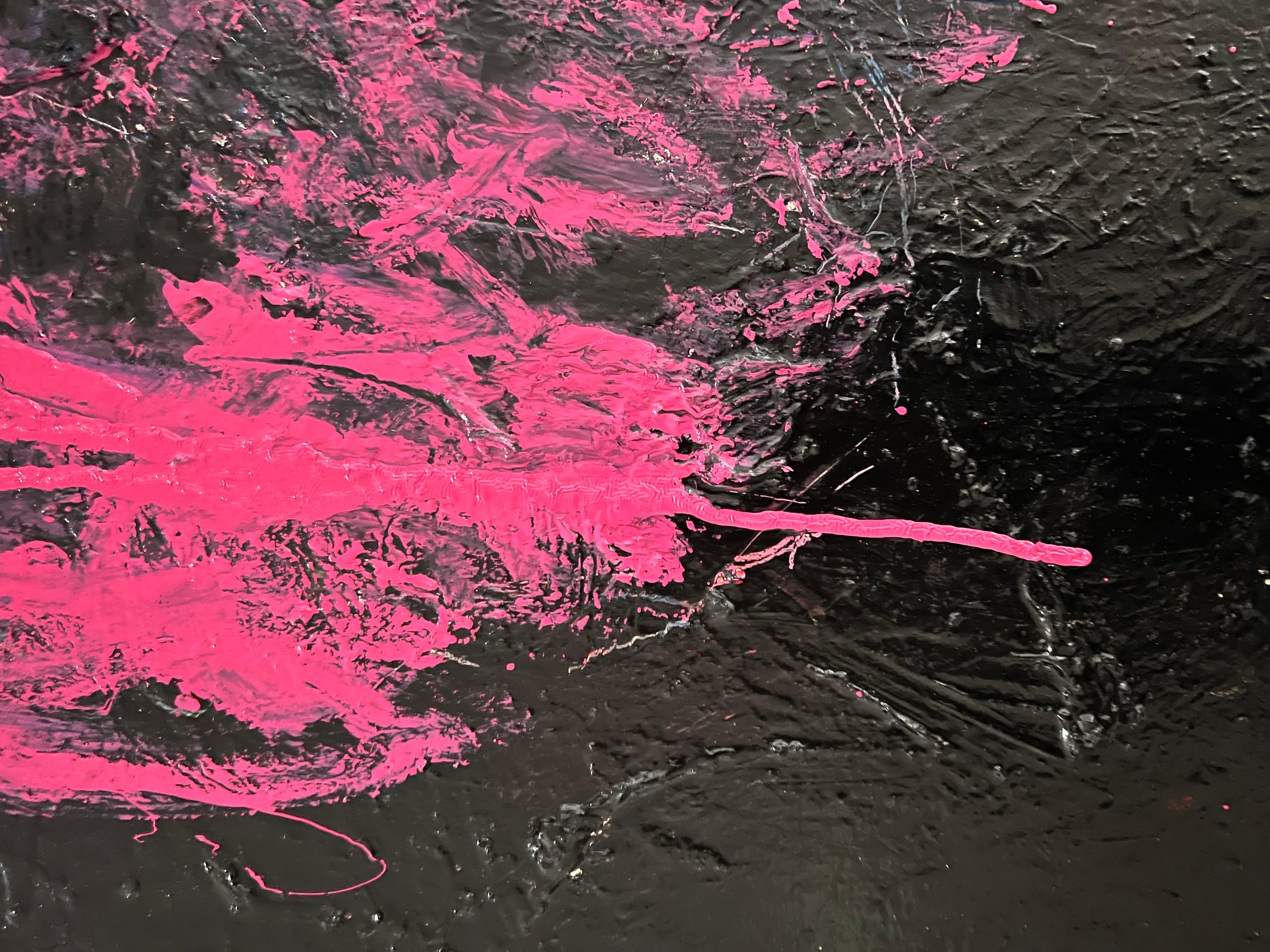Une grande peinture à l'huile rose sur noir de l'artiste Norman Liebman. Signé au dos. Non encadré.

Norman Liebman : Peintre expressionniste abstrait, né en 1931, était une personne remarquable dont la vie était une tapisserie de deux passions