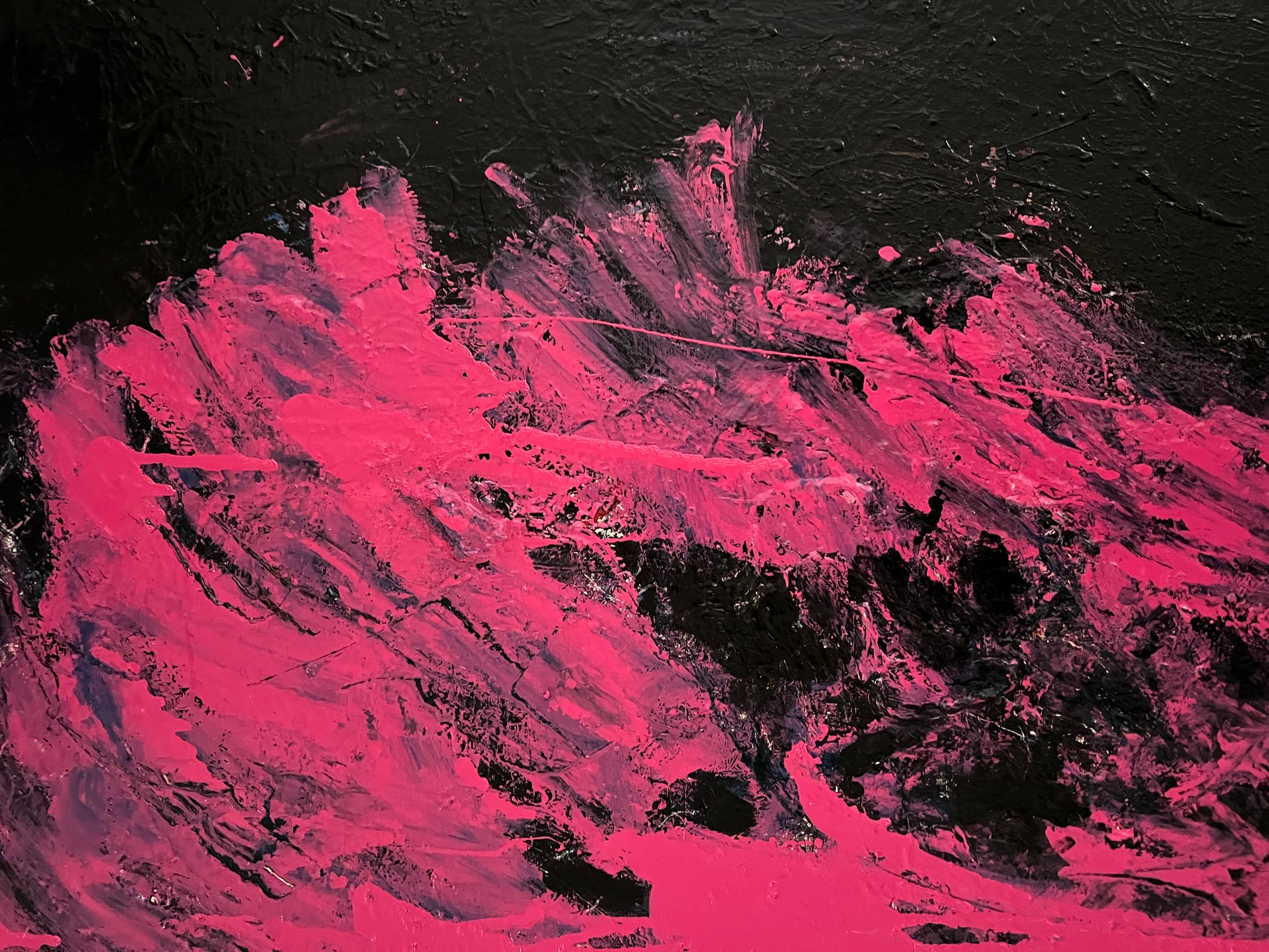Mid-Century Modern Grande peinture à l'huile abstraite rose et noire de Norman Liebman en vente