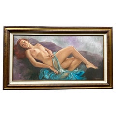 Large Original Playboy Artist Leo Jansen Oil Painting of a Reclining Nude Woman