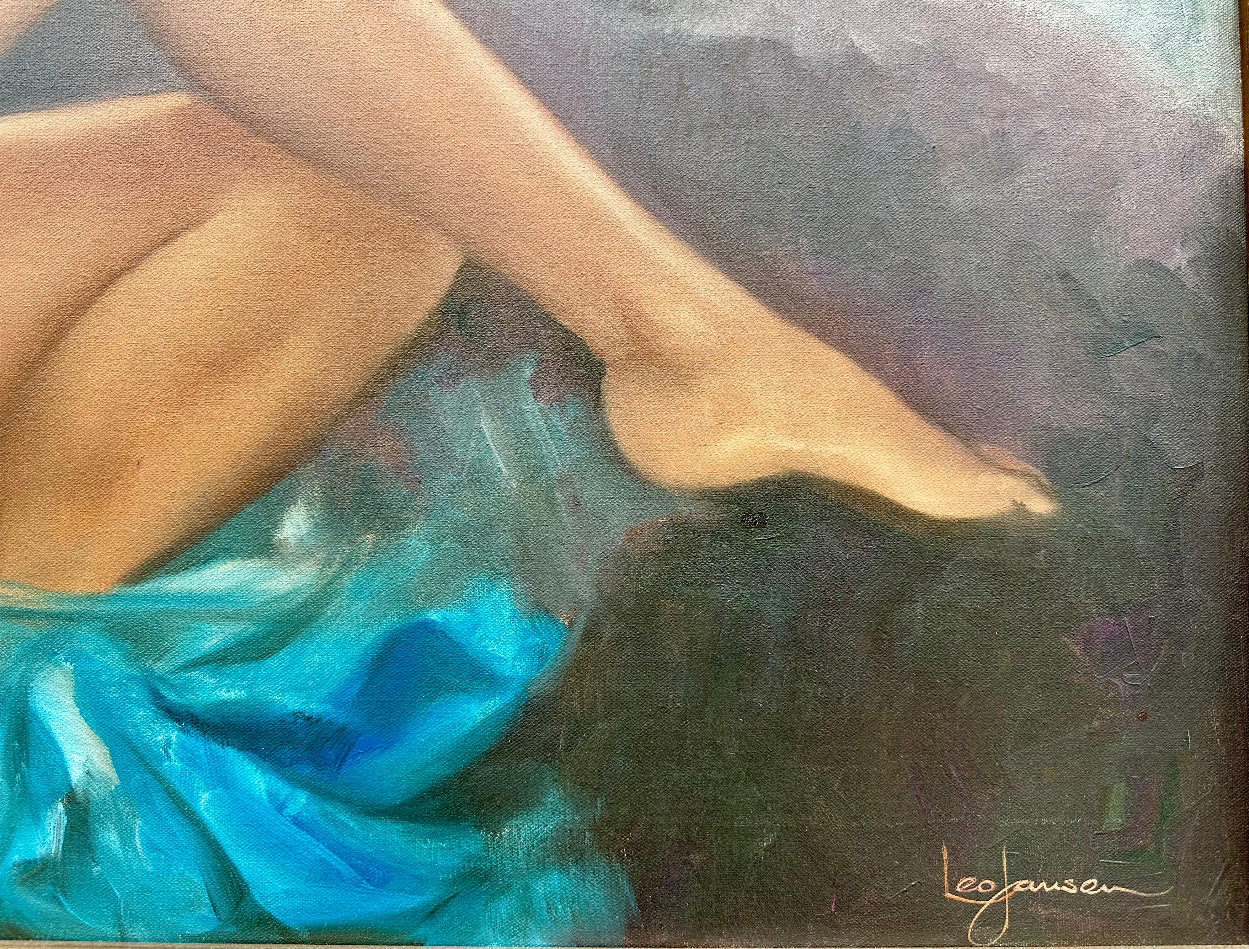 American Large Original Playboy Artist Leo Jansen Oil Painting of a Reclining Nude Woman For Sale