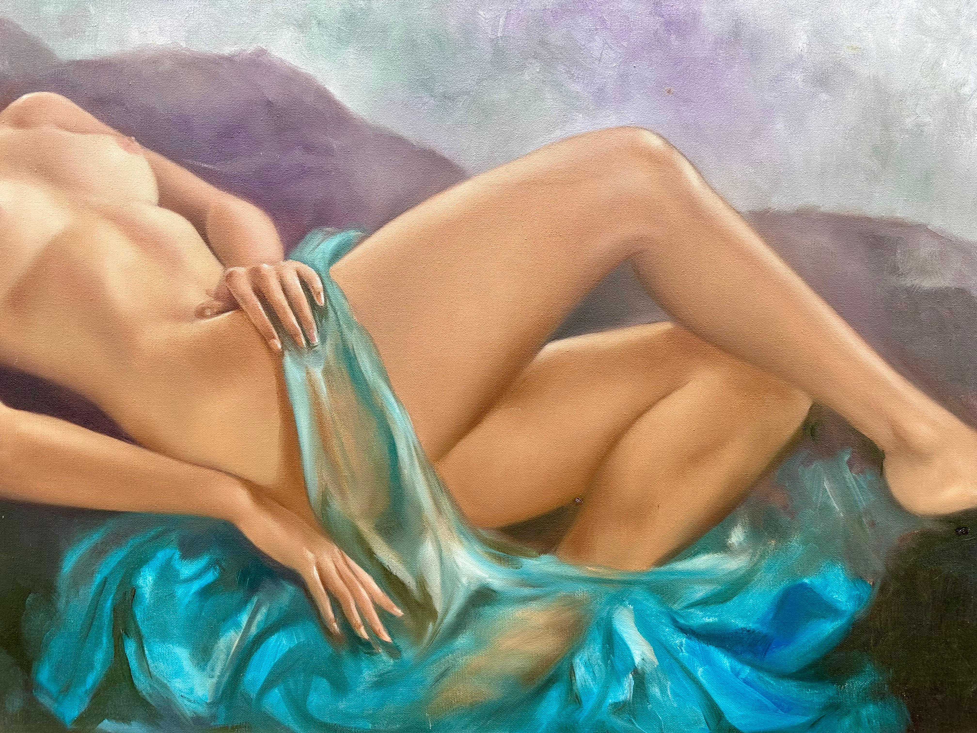 Painted Large Original Playboy Artist Leo Jansen Oil Painting of a Reclining Nude Woman For Sale
