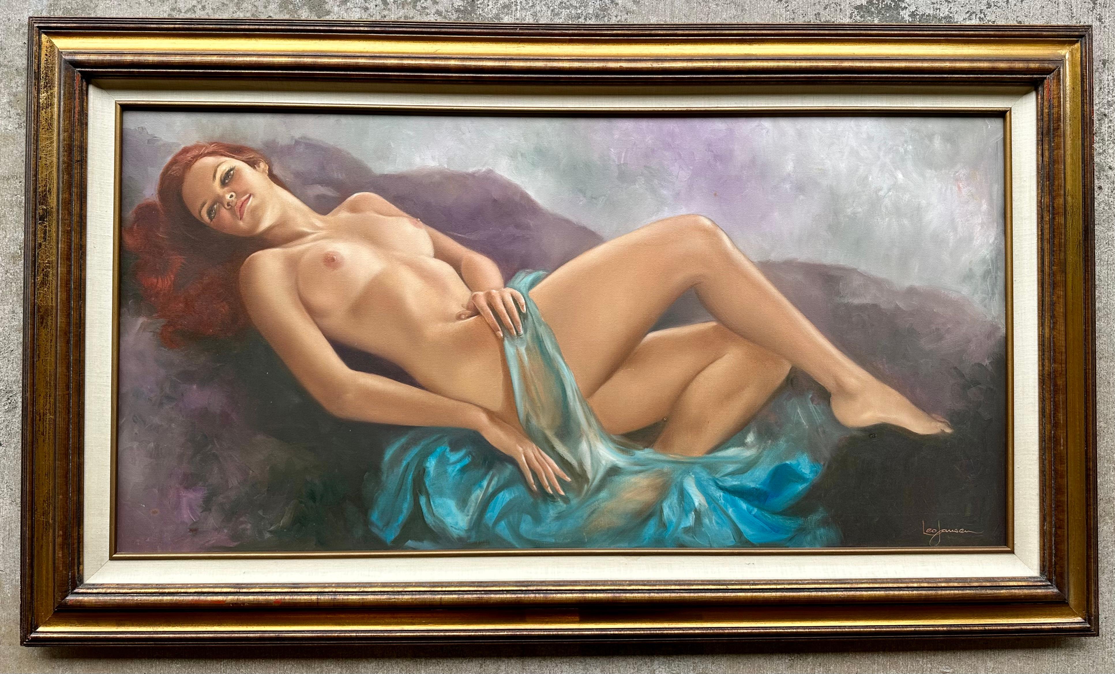 Peinture Grande peinture à l'huile originale de l'artiste Playboy Leo Jansen représentant une femme nue allongée en vente