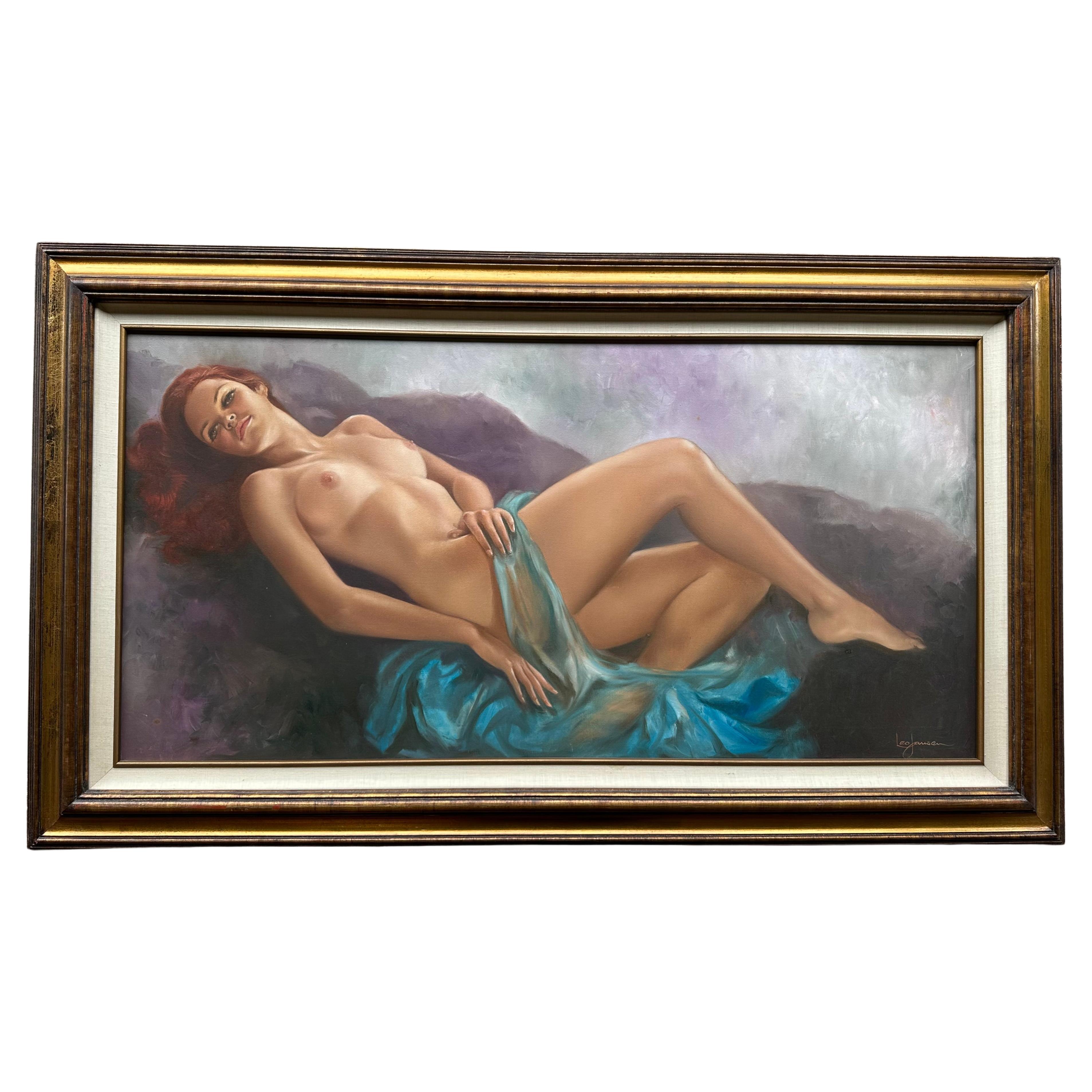 Grande peinture à l'huile originale de l'artiste Playboy Leo Jansen représentant une femme nue allongée en vente