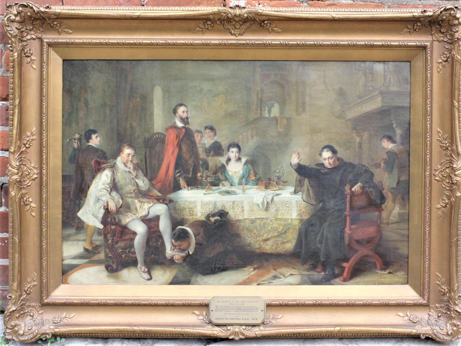 This very large and substantial antique oil painting was done by the well known British artist, Robert Hillingfprd in circa 1880 in the style of Realism. The painting is framed in its original and very ornate gilt gesso frame. The frame has a brass