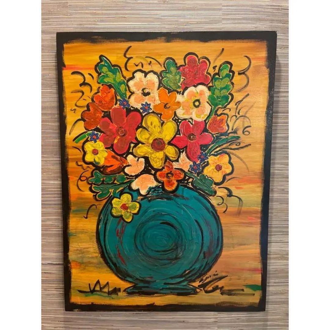 Gran cuadro al óleo original firmado de una boutique de flores en un jarrón Lienzo en venta
