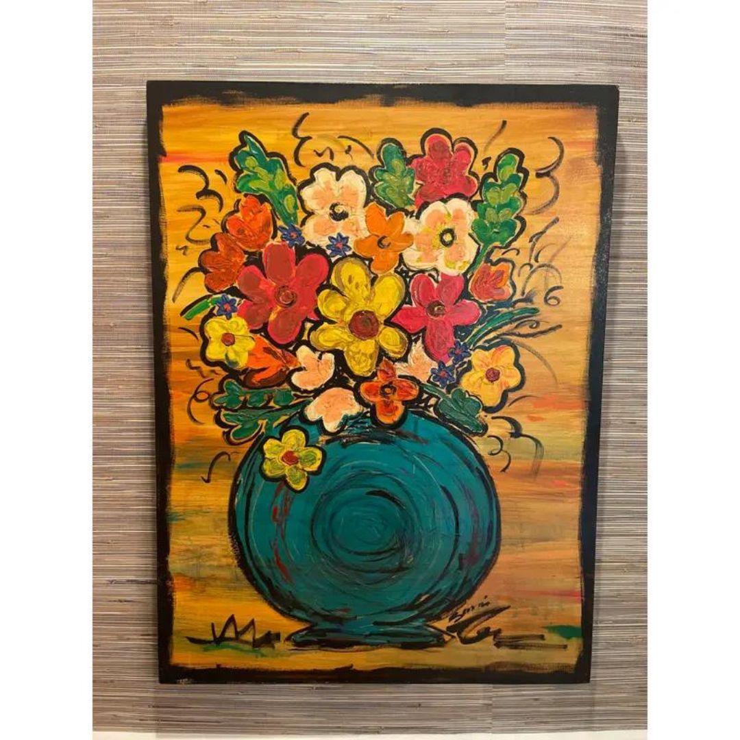 Gran cuadro al óleo original firmado de una boutique de flores en un jarrón en venta 1