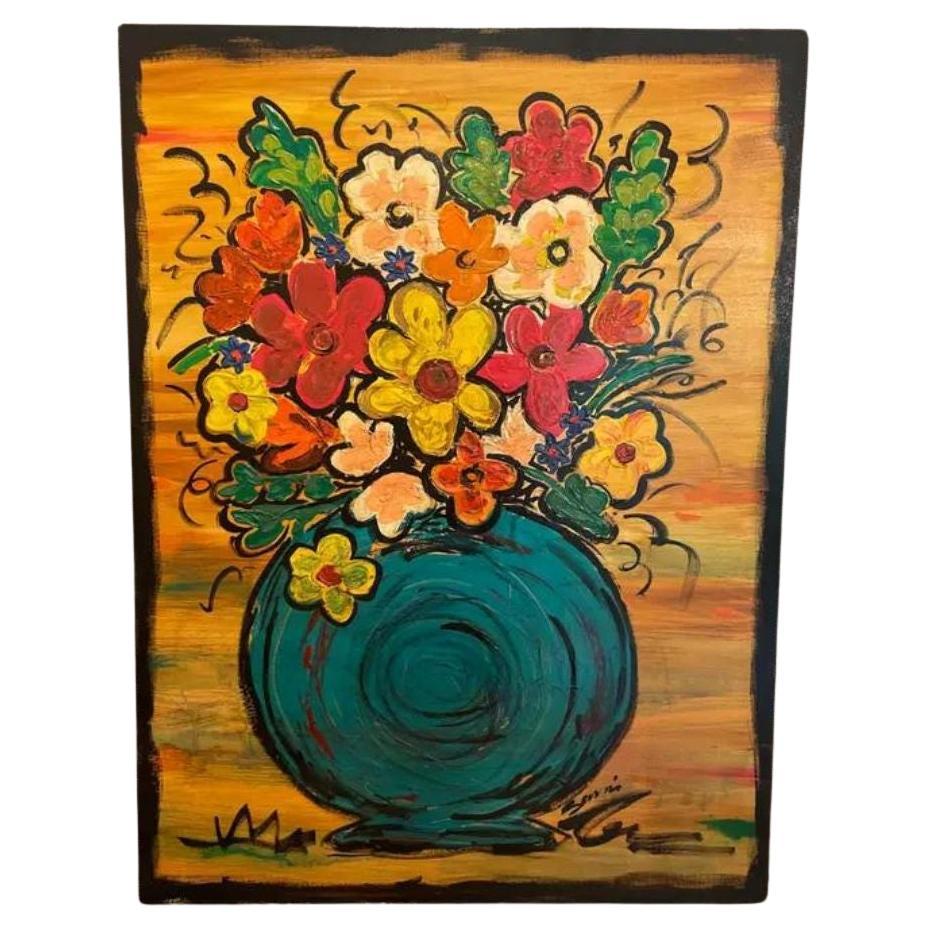 Gran cuadro al óleo original firmado de una boutique de flores en un jarrón en venta