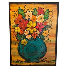 Grande peinture à l'huile originale représentant une boutique de fleurs dans un vase