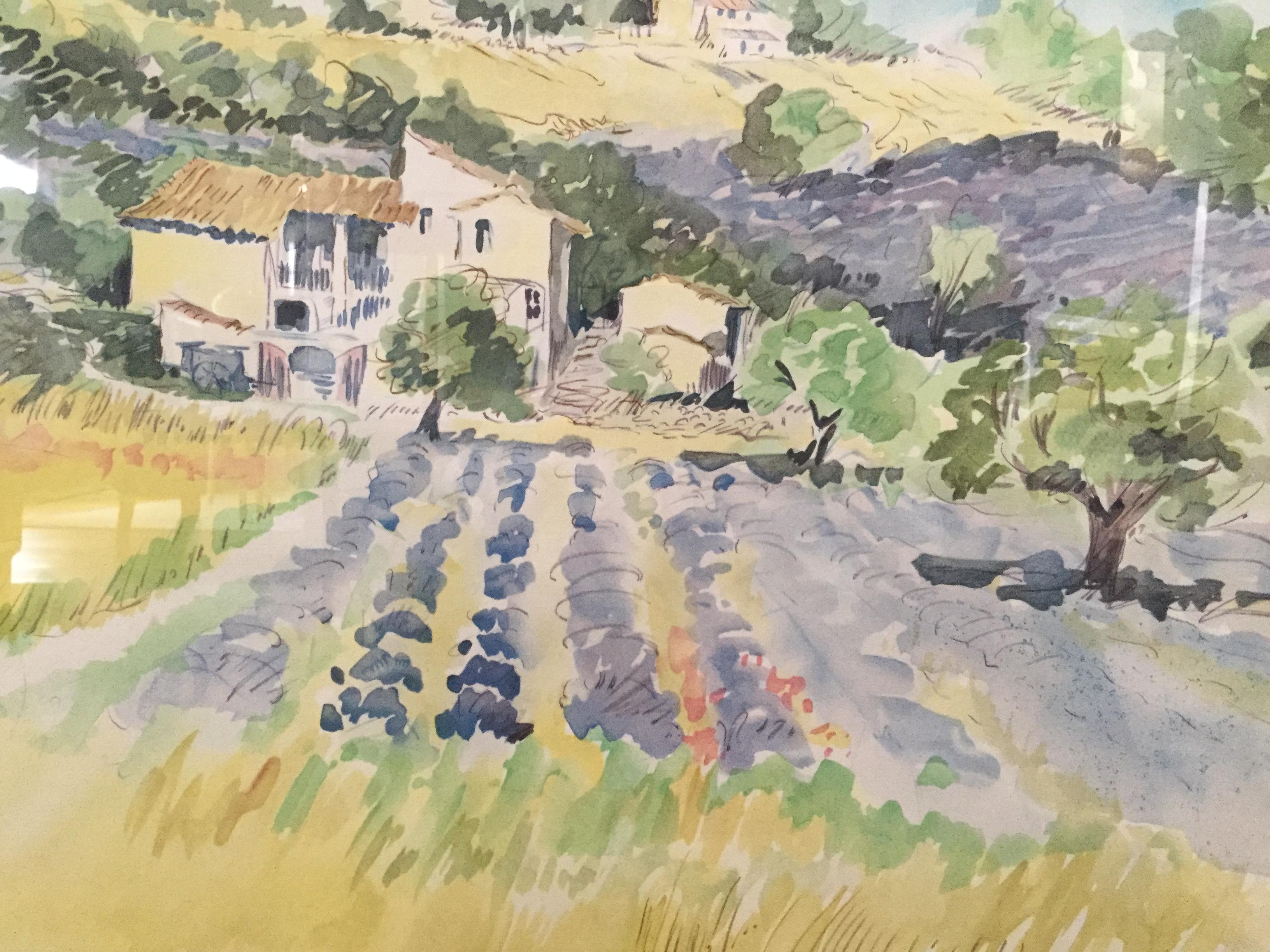 20th Century Large Original Signed Watercolor of Provence with Silver Frame For Sale