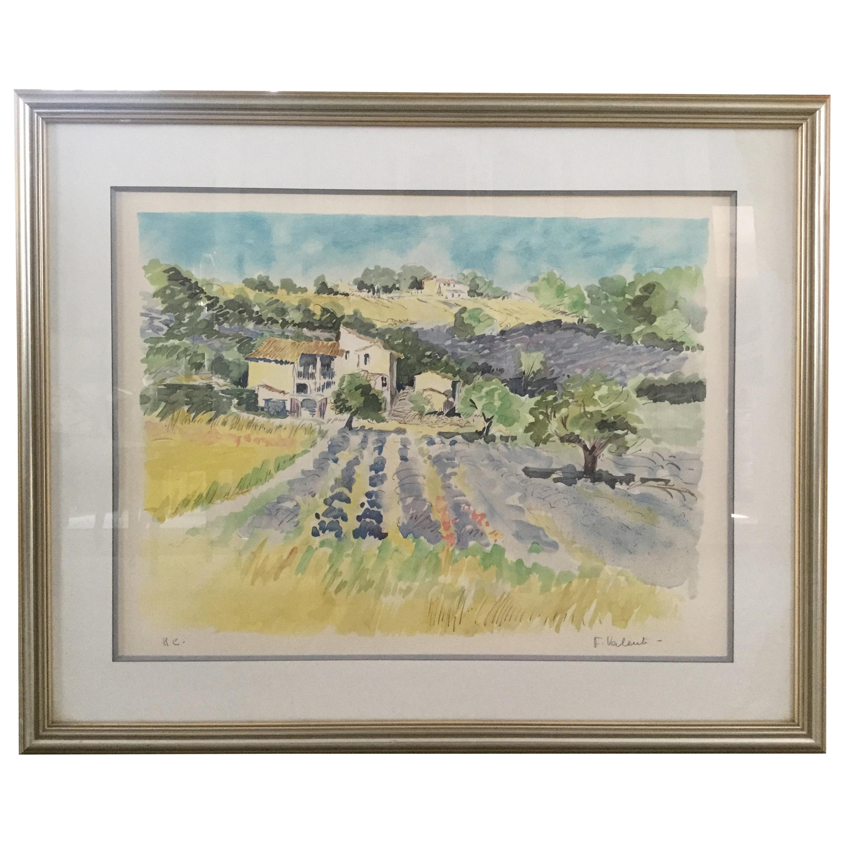 Large Original Signed Watercolor of Provence with Silver Frame For Sale