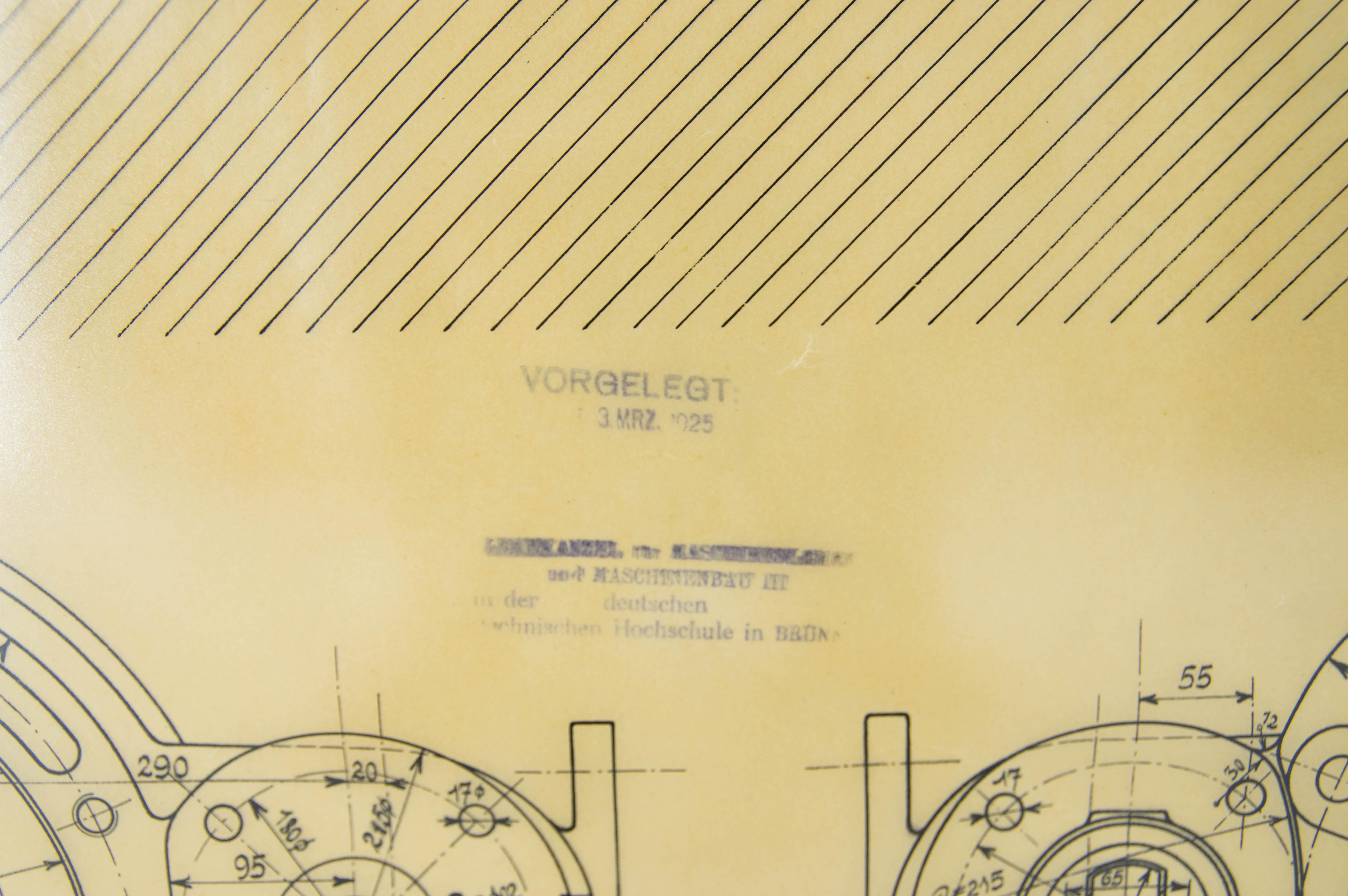 Große Original-Technische Zeichnung eines Luftkompressors, 1925 (Art déco) im Angebot