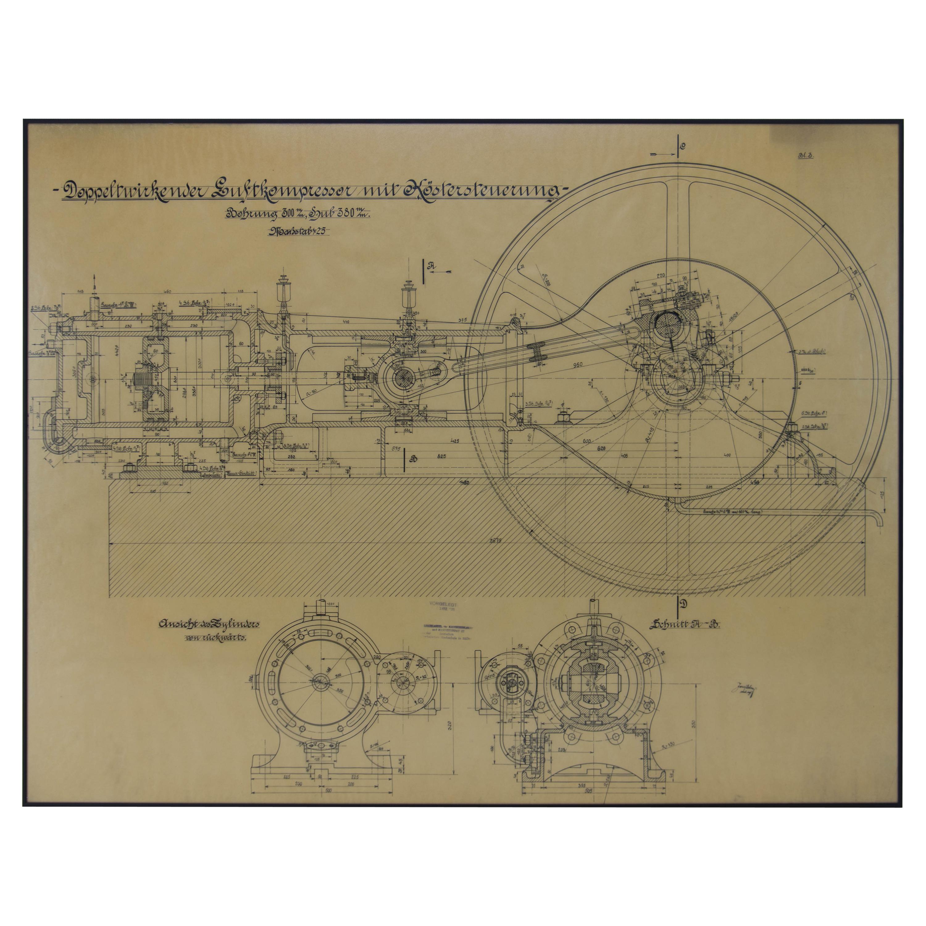 Gran dibujo técnico original de un compresor de aire, 1925
