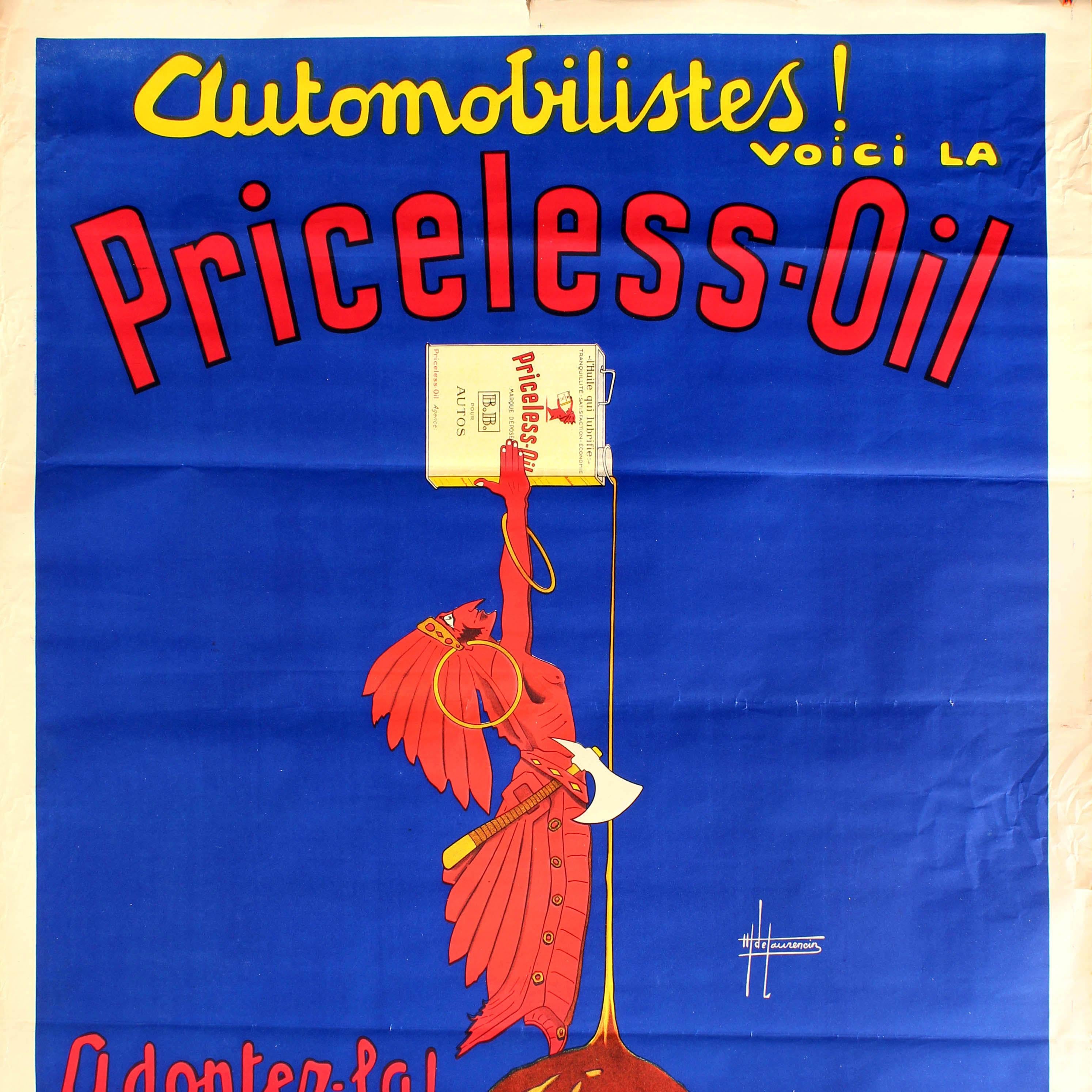 Français Grande affiche publicitaire originale Art Déco vintage Automobilistes voici la priceless oil en vente