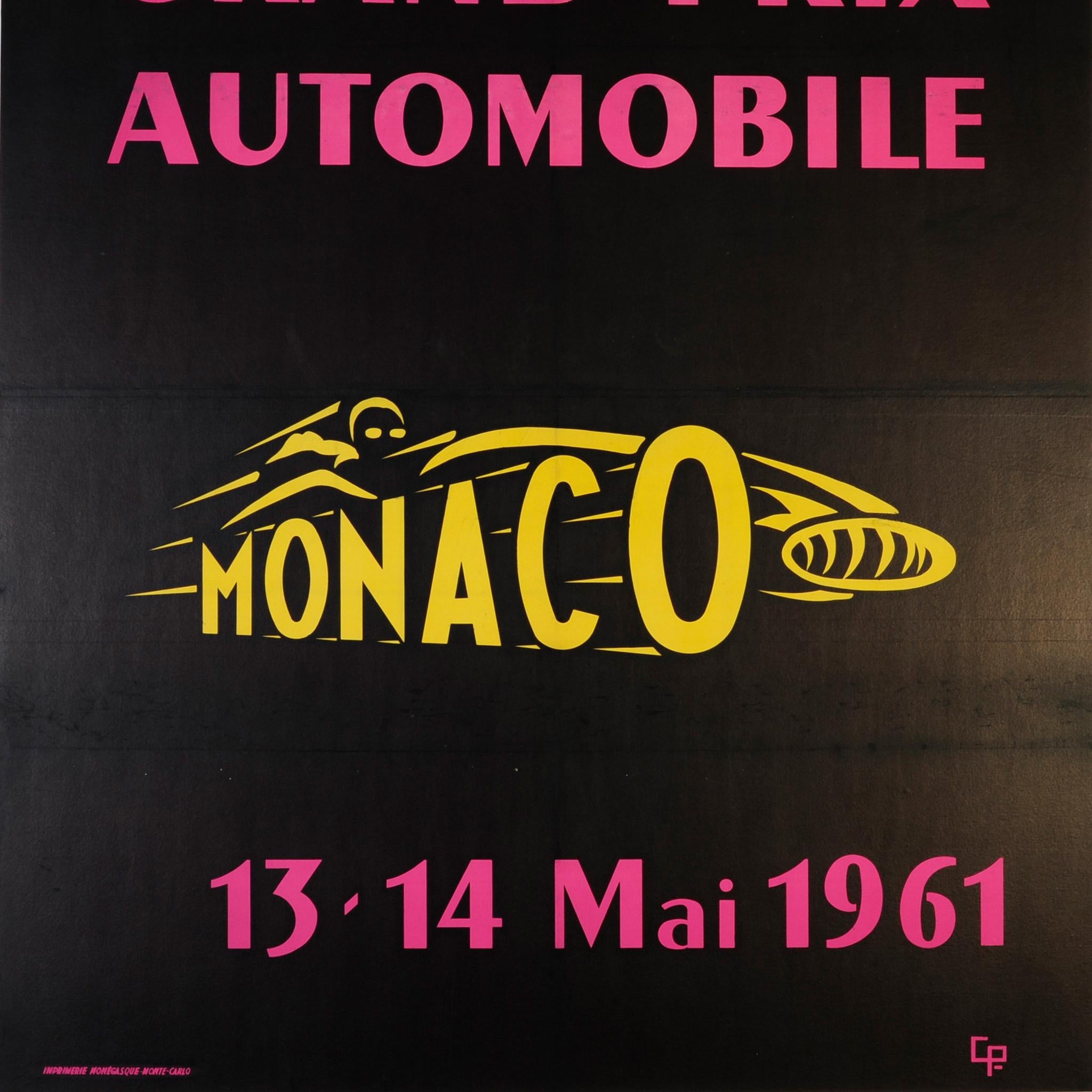 Grande affiche originale d'événements de course de voitures vintage - Grand Prix de Monaco 1961 Bon état - En vente à London, GB