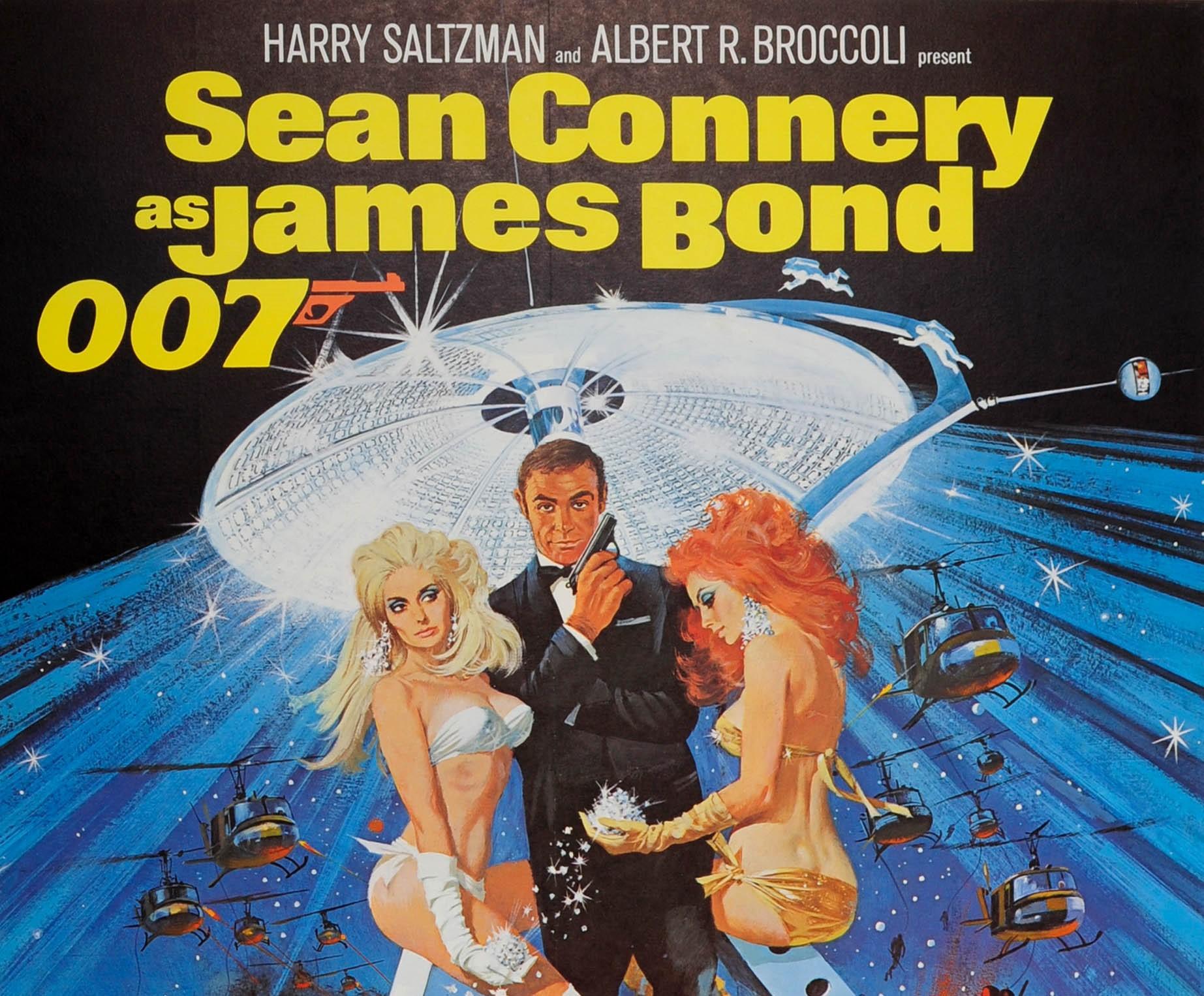 Original vintage three sheet movie poster for the classic 007 film Diamonds Are Forever starring Sean Connery as James Bond, Jill St. John as Tiffany Case, Charles Gray as Blofeld and Lana Wood as Plenty O'Toole. Artwork by the American artist