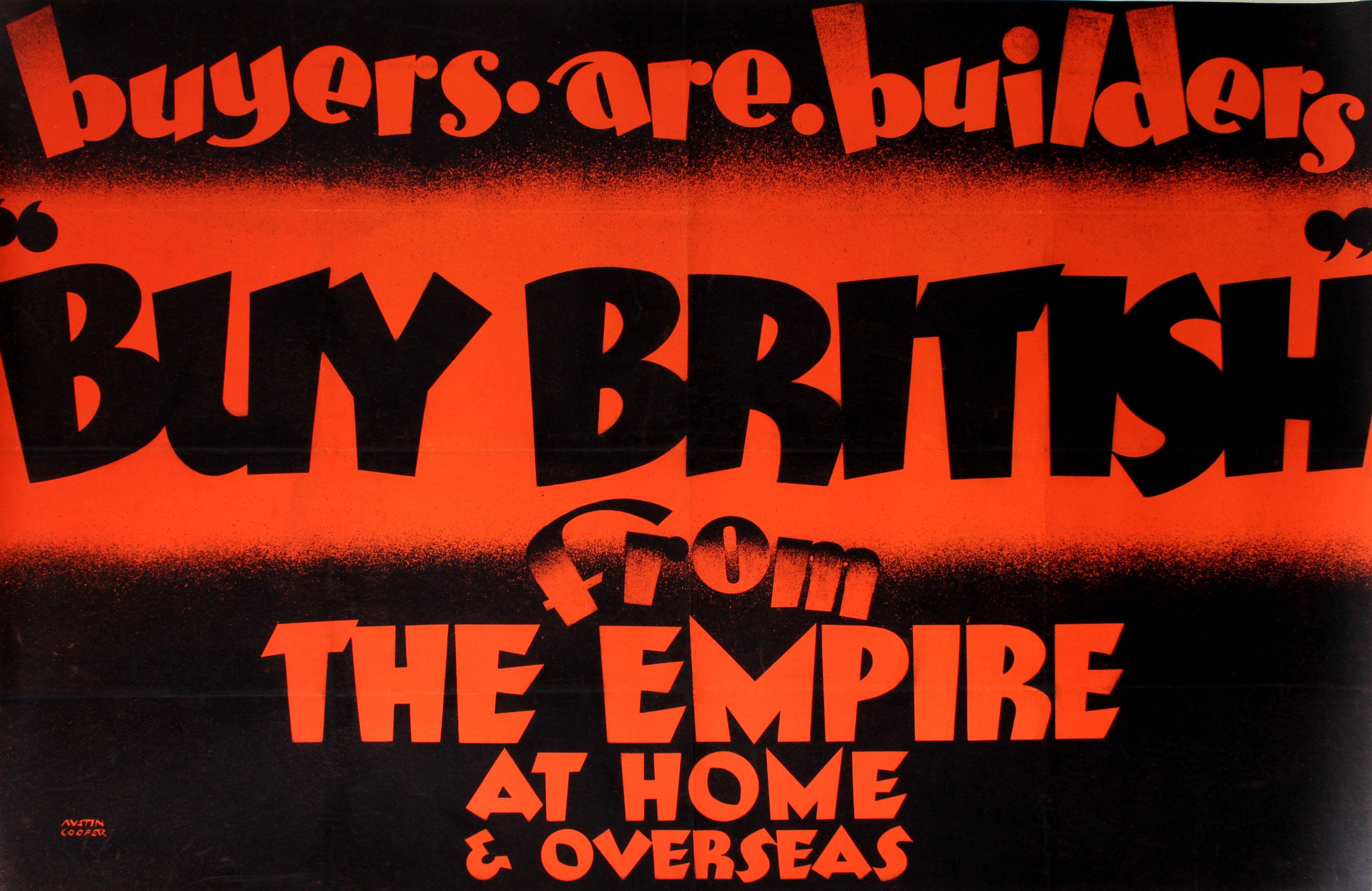 Original vintage advertising poster issued by the Empire Marketing Board to encourage British citizens to help their own economy following the Great Depression in America by buying British goods. Great design by one of England's leading poster