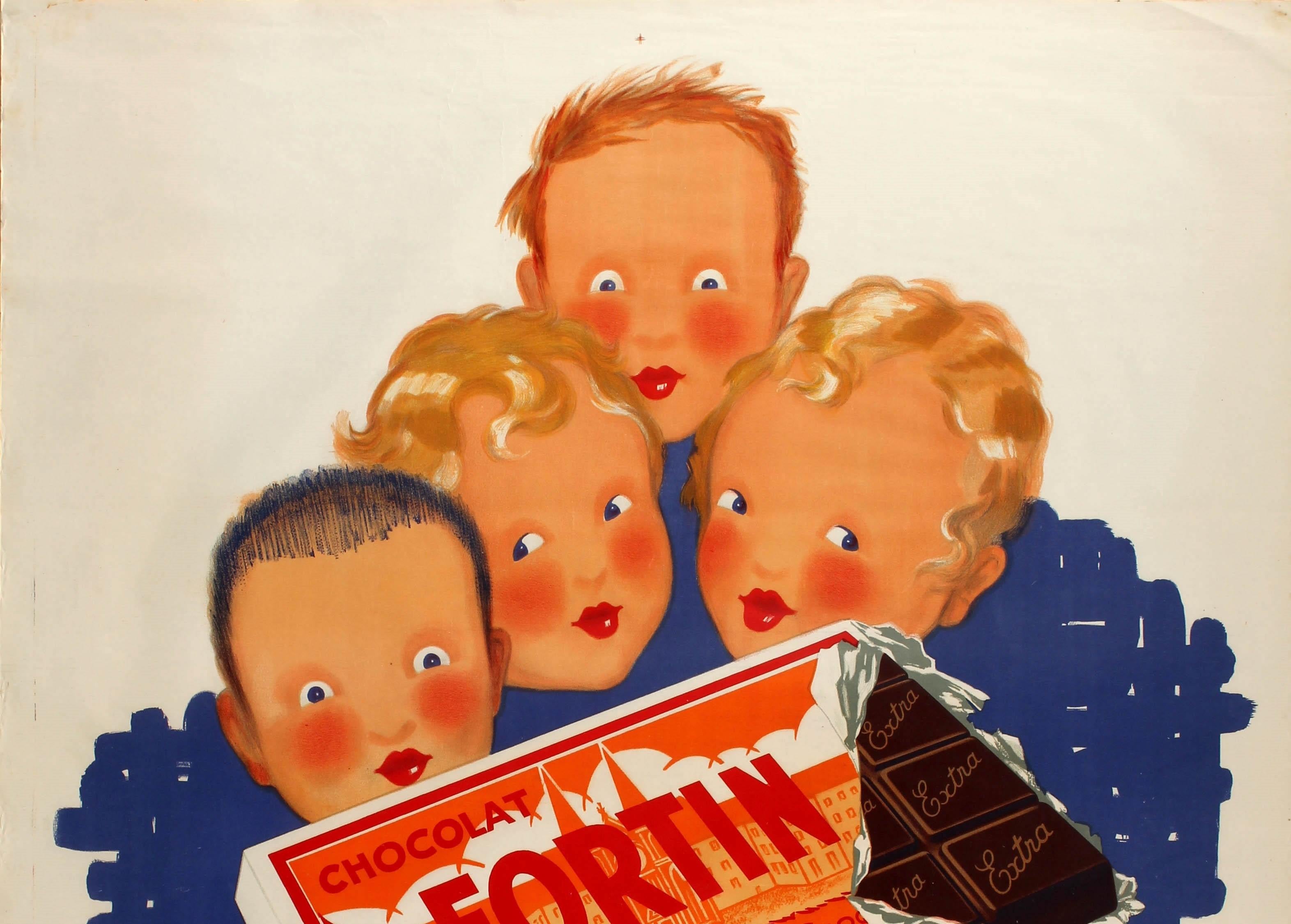 Original vintage food advertising poster for Fortin Chocolate - Children's Desire / Chocolat Fortin - Convoitise des Enfants. Great image featuring an open Fortin Chocolate bar in the foreground being looked at eagerly by four children, their eyes