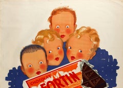 Grande affiche rétro originale publicitaire d'aliments pour la publicité du chocolat Fortin convoitise des enfants