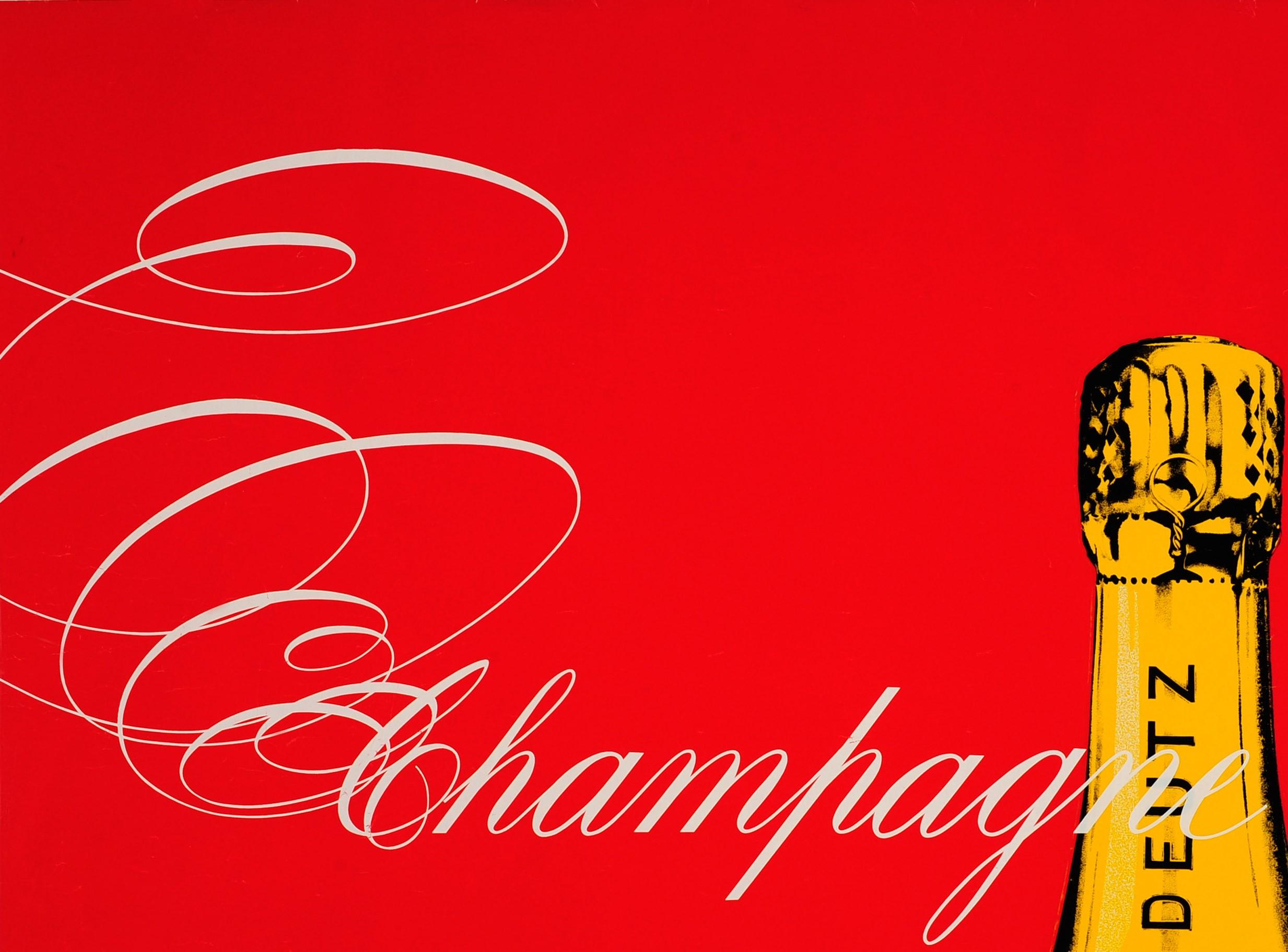 Original vintage advertising poster for Champagne Deutz featuring a great design showing the gold seal and label at the top of a brut Deutz champagne bottle against a bold red background with stylised white writing across the centre, the label
