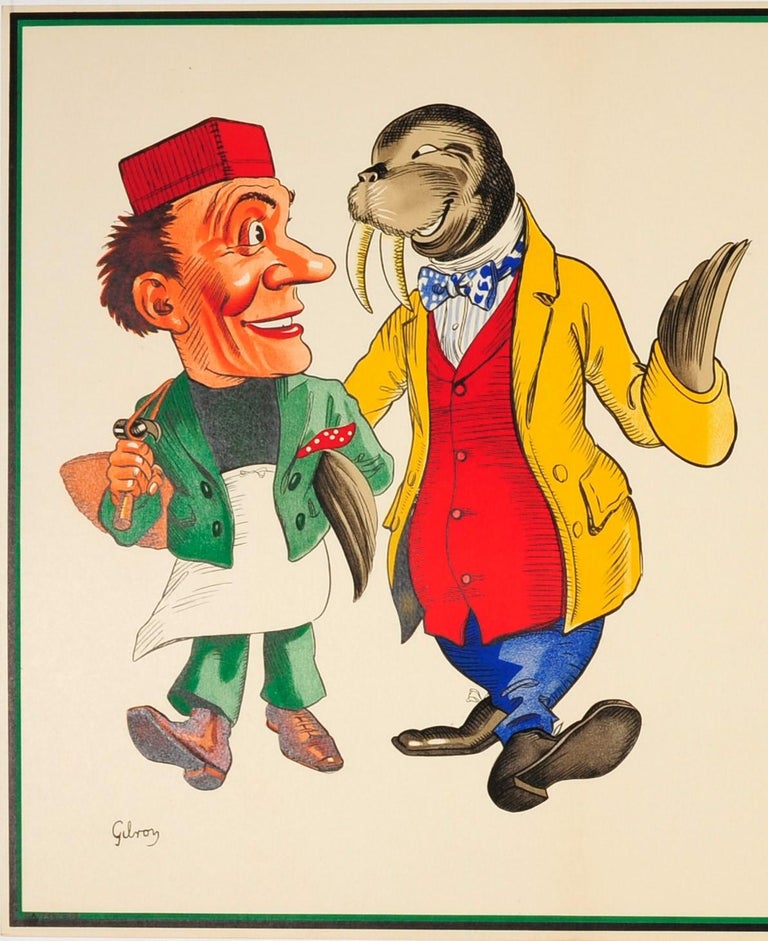 Original vintage Guinness advertising poster featuring a fun and rare Alice in Wonderland themed illustration by the notable artist John Gilroy (John Thomas Young Gilroy; 1898-1985) of a carpenter wearing a red hat and a green jacket holding a