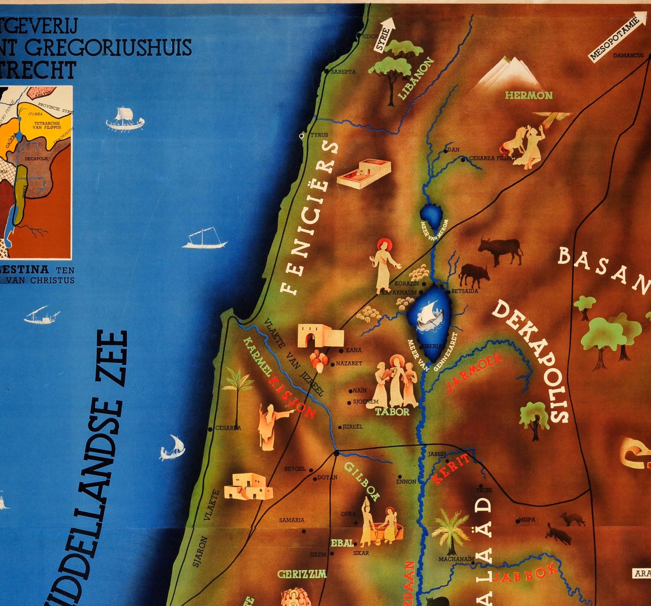 Original vintage illustrated map poster of Palestine in the time of Christ featuring a map of the old and new testament of the Bible from The way to and with Christ by Fr M Bellarminus / Kaart van Palestina voor oud en nieuw testament behorend bij