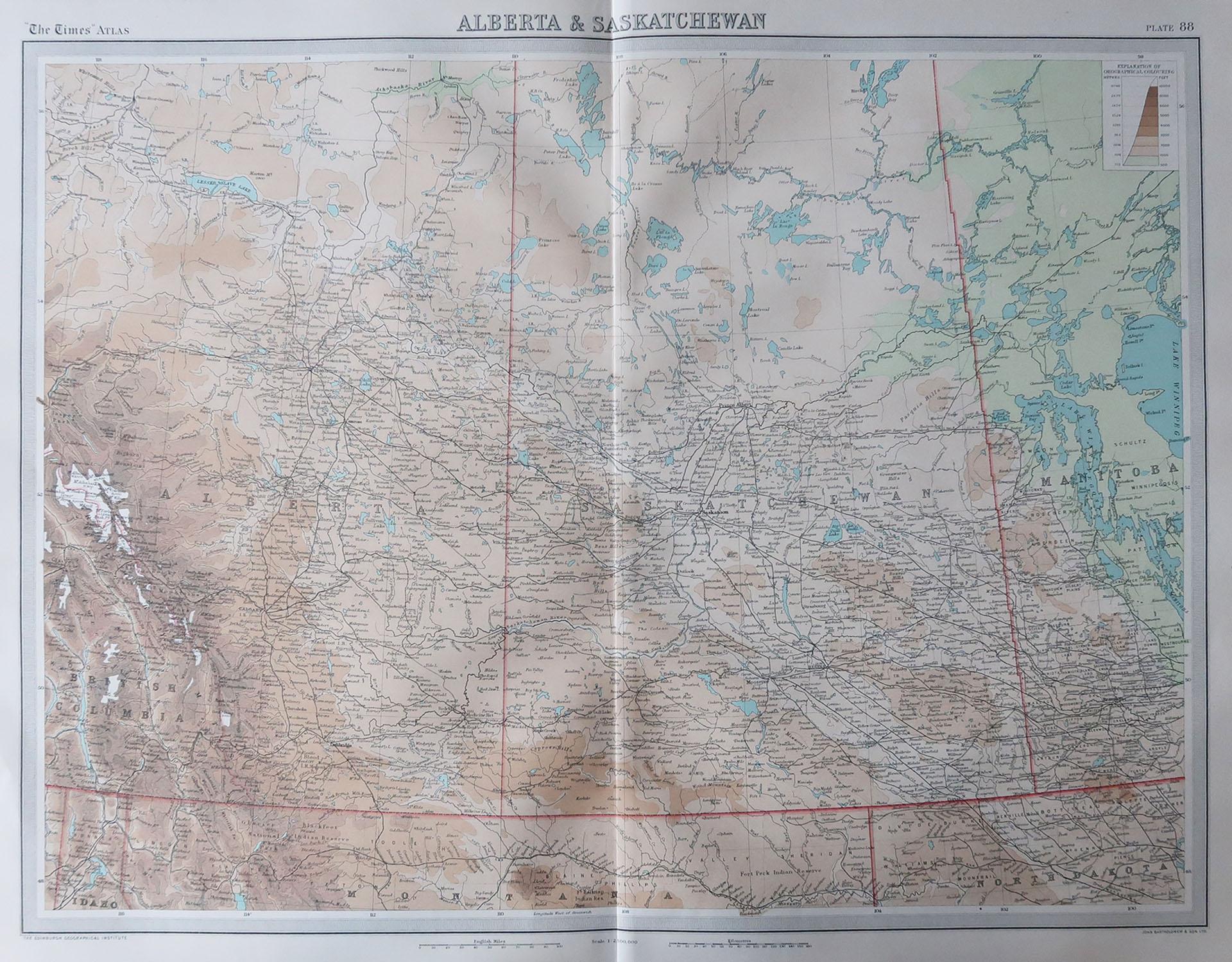 Great maps of Alberta and Saskatchewan

Unframed

Original color

By John Bartholomew and Co. Edinburgh Geographical Institute

Published, circa 1920

Free shipping.
 