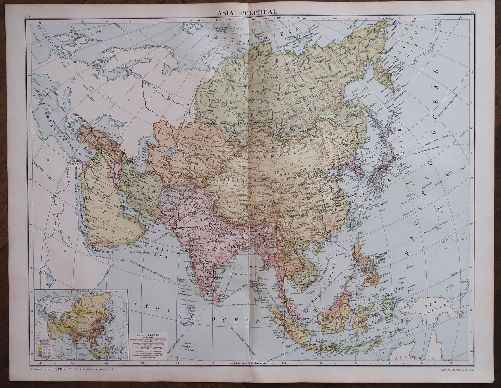 Édouardien Grande carte originale d'Asie, circa 1920 en vente
