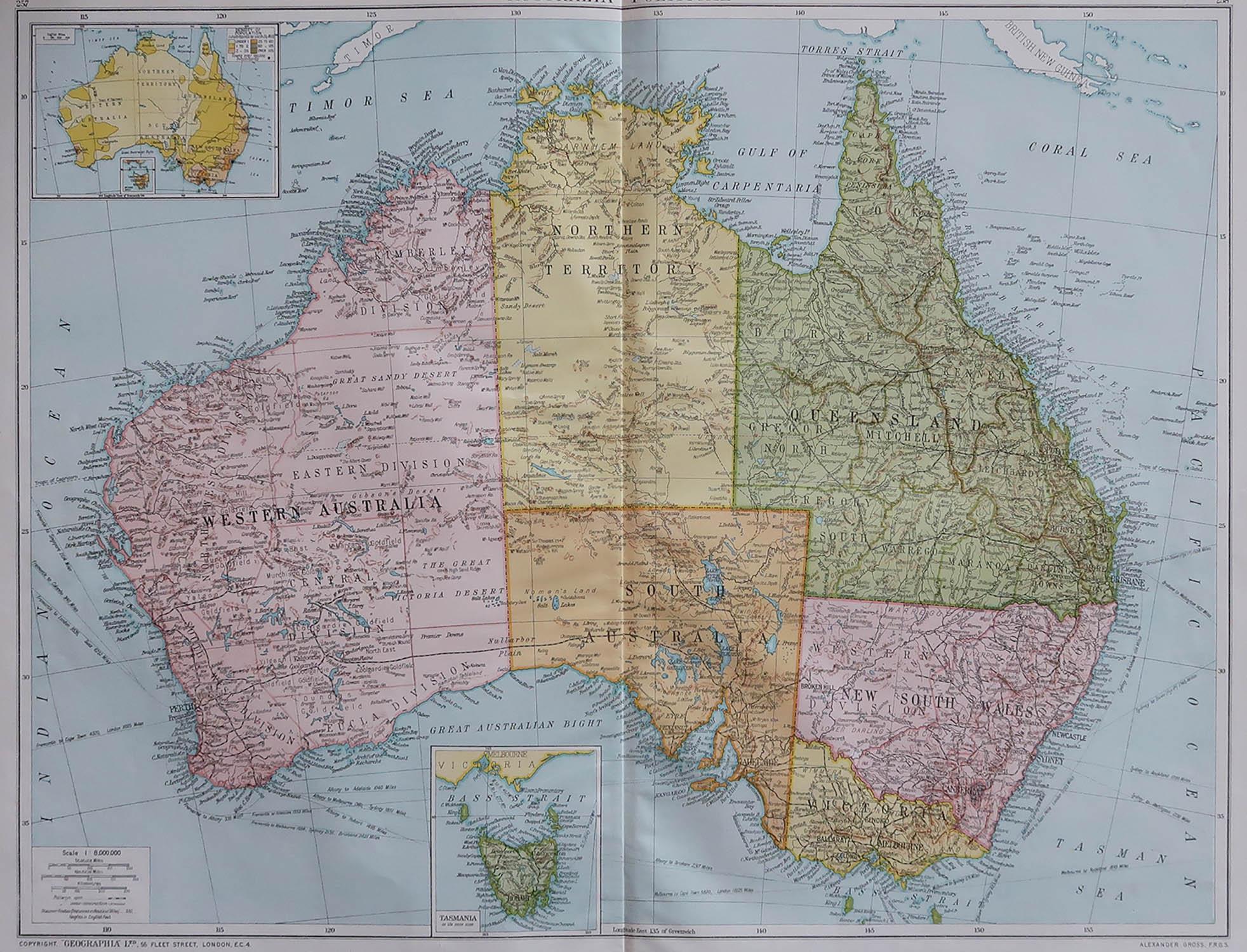 Great map of Australia

Original color. Good condition

Published by Alexander Gross

Unframed.








