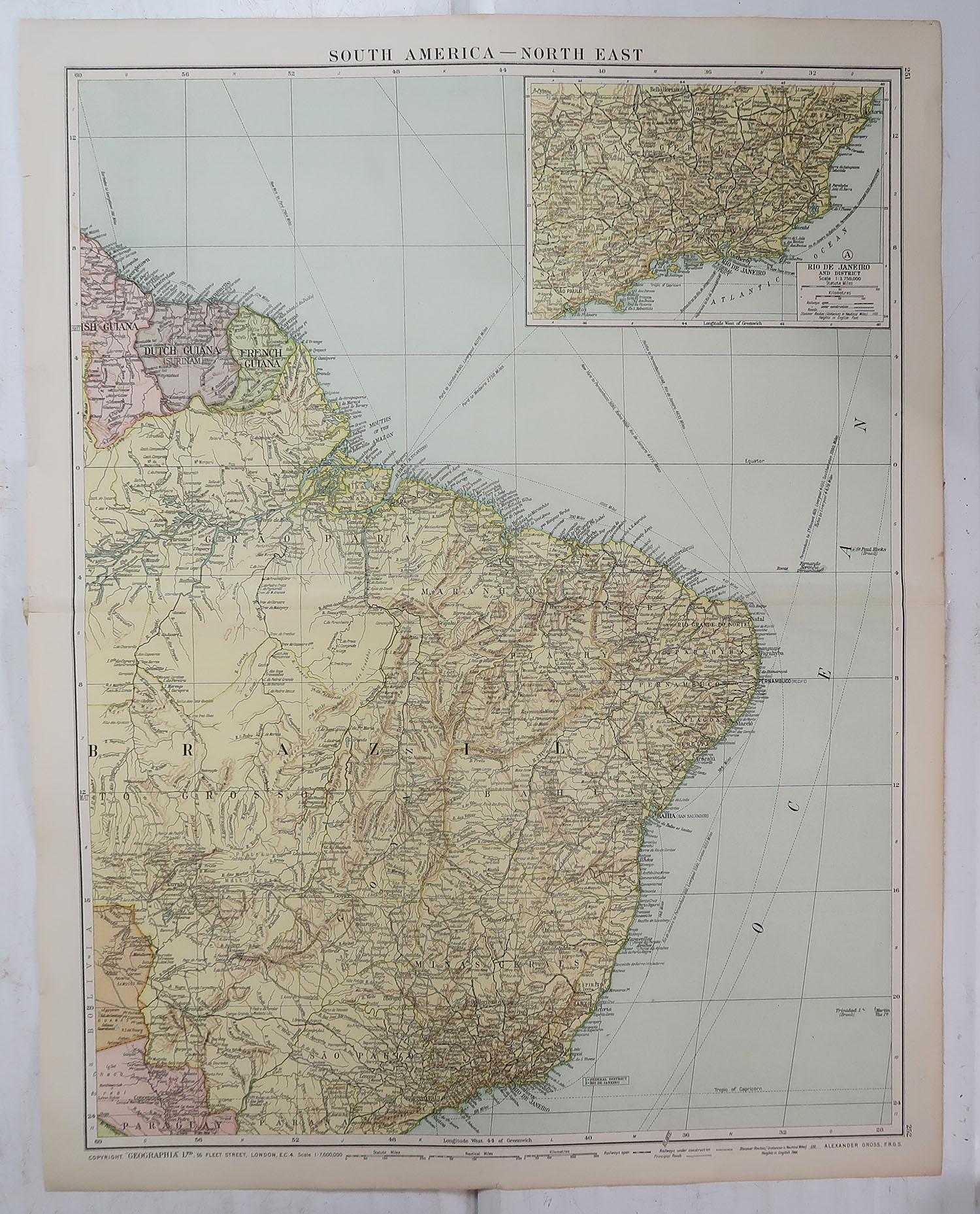 English Large Original Vintage Map of Brazil, circa 1920