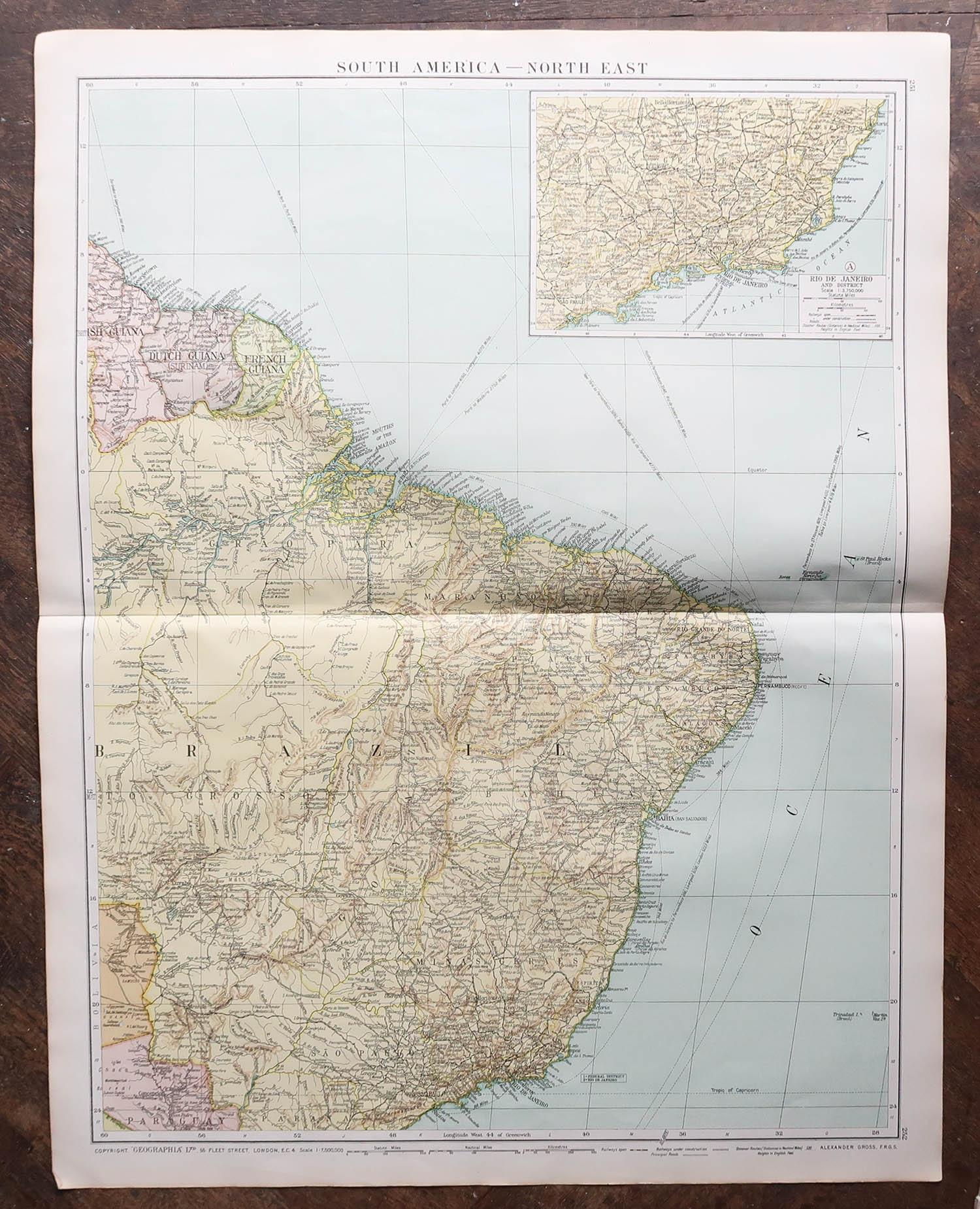 English Large Original Vintage Map of Brazil, circa 1920 For Sale