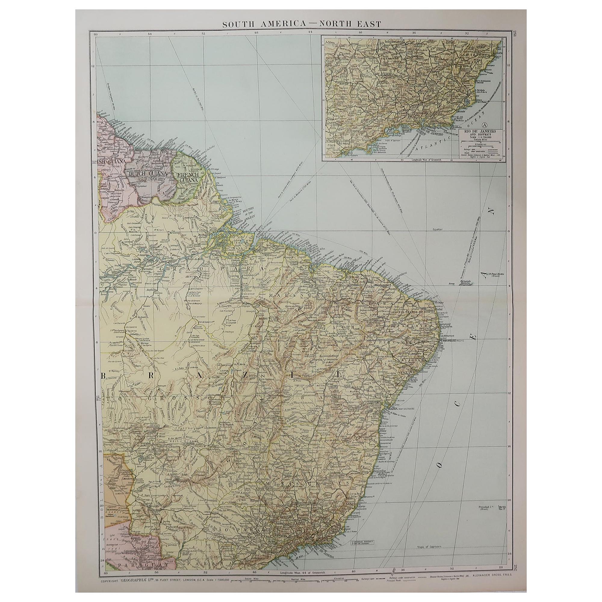 Large Original Vintage Map of Brazil, circa 1920