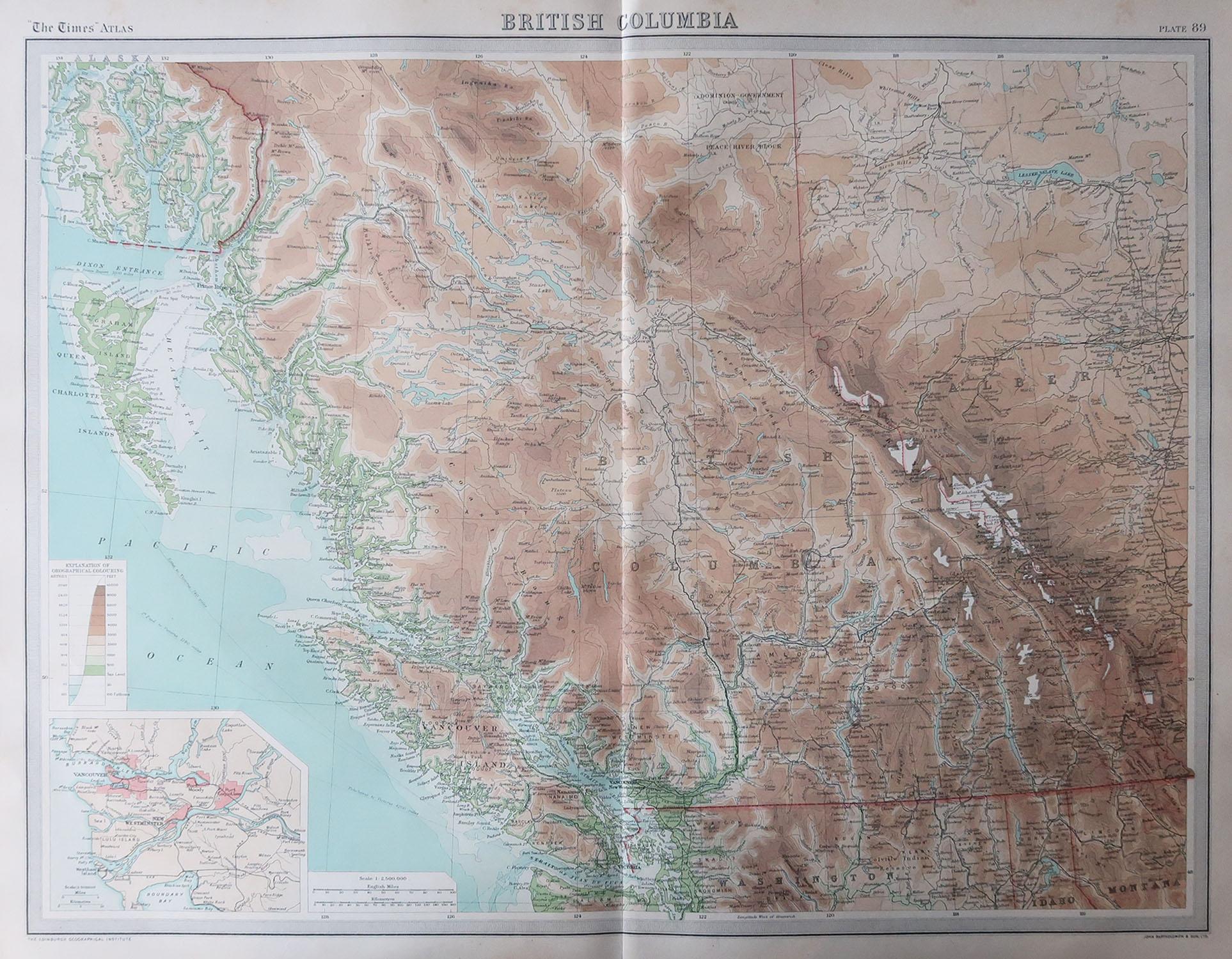 Great map of British Columbia

Unframed

Original color

By John Bartholomew and Co. Edinburgh Geographical Institute

Published, circa 1920

Free shipping.
 