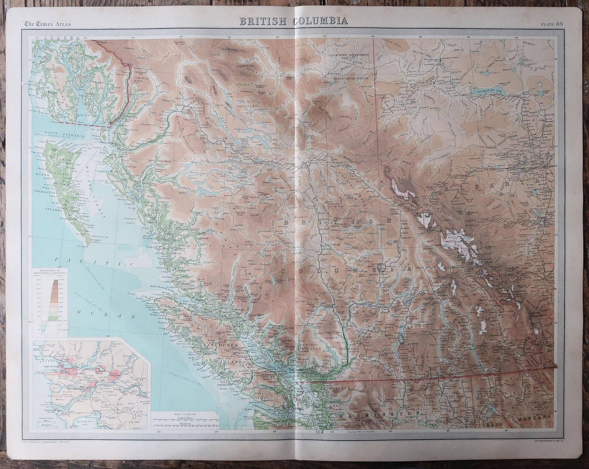 Other Large Original Vintage Map of British Columbia, Canada, circa 1920 For Sale