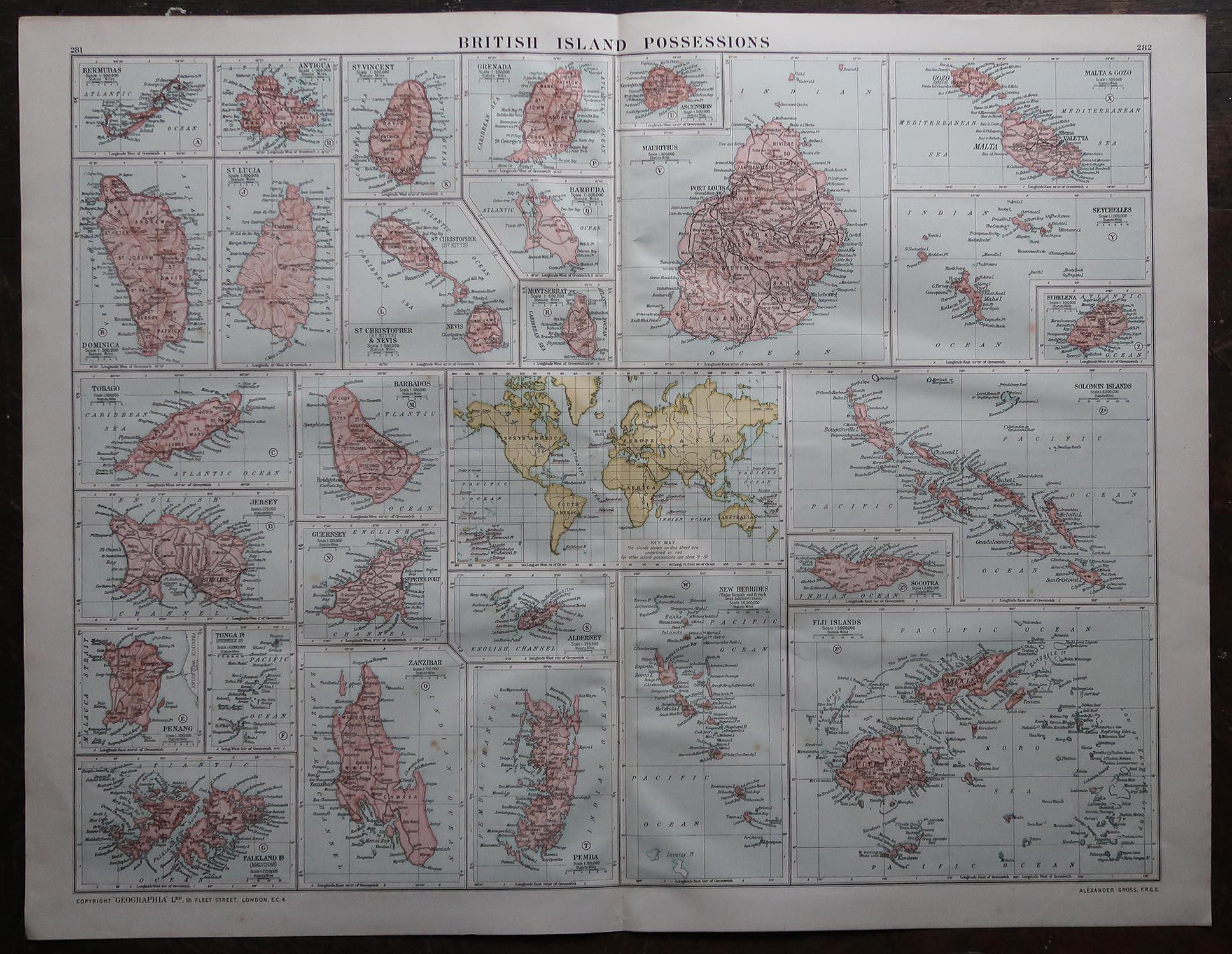 English Large Original Vintage Map of British Island Possessions, circa 1920 For Sale