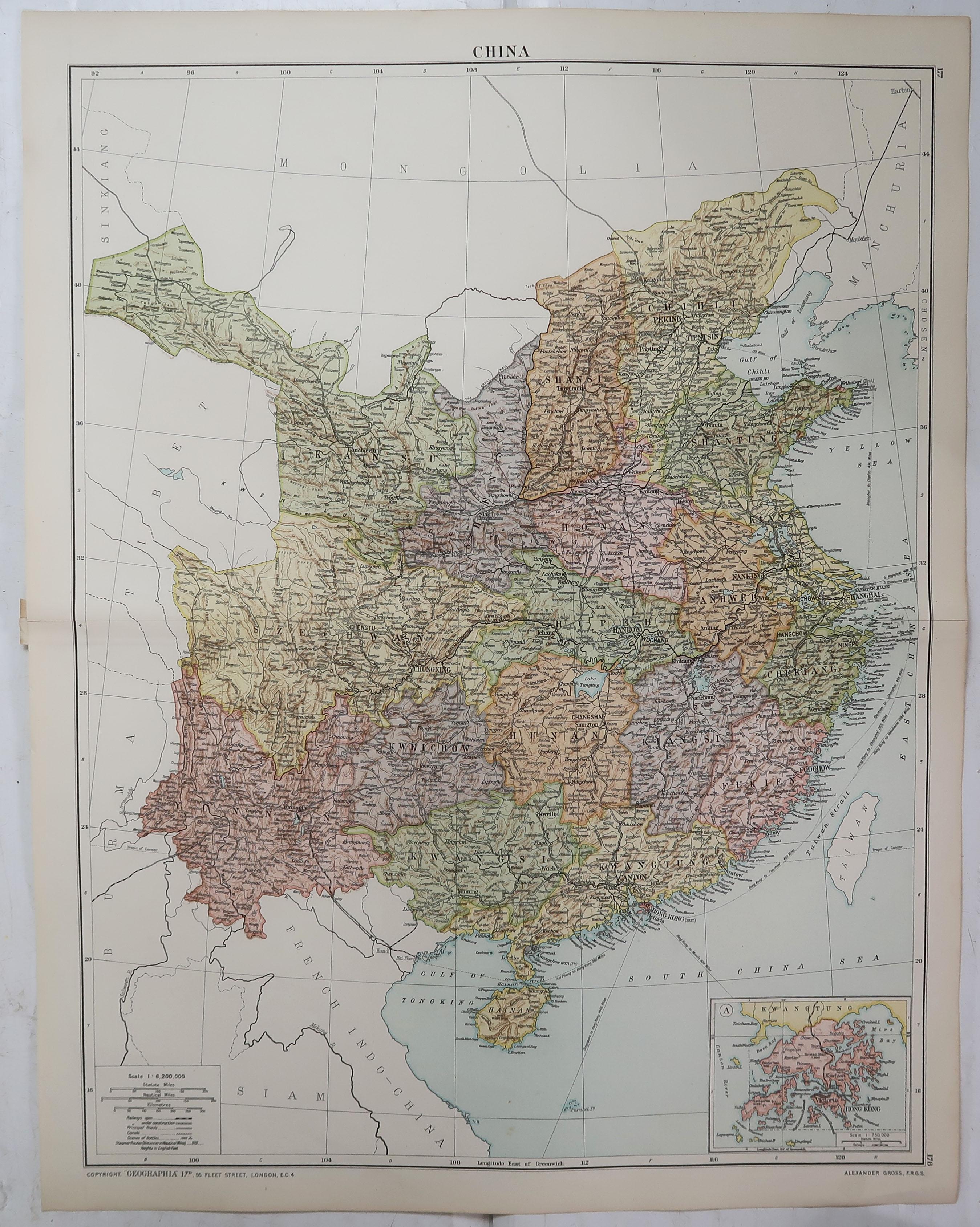 English Large Original Vintage Map of China, circa 1920