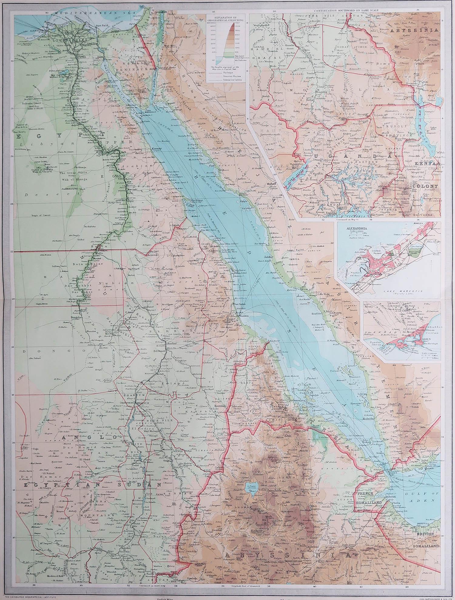 Great map of Egypt

Unframed

Original color

By John Bartholomew and Co. Edinburgh Geographical Institute

Published, circa 1920

Free shipping.
 