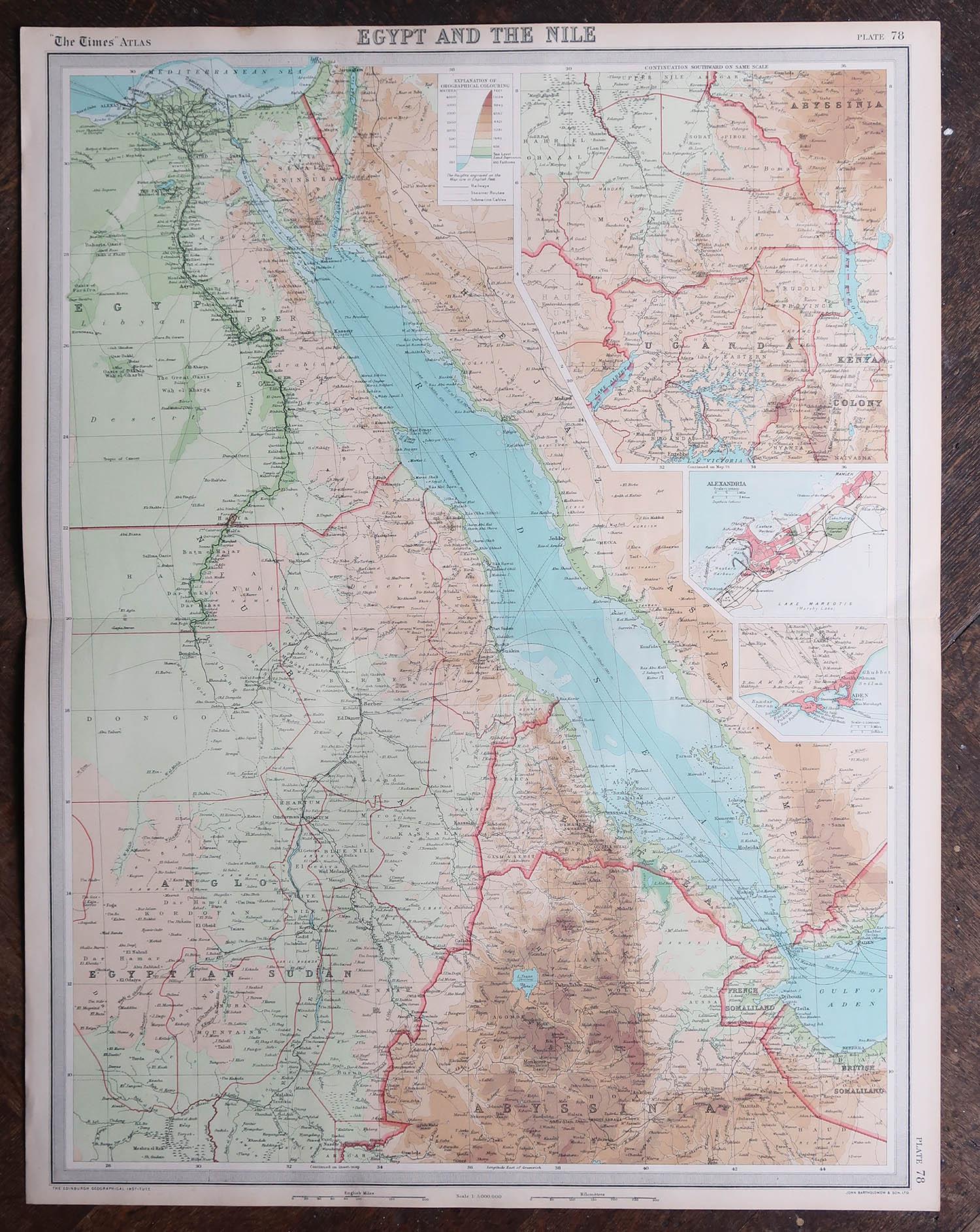 British Large Original Vintage Map of Egypt, circa 1920 For Sale