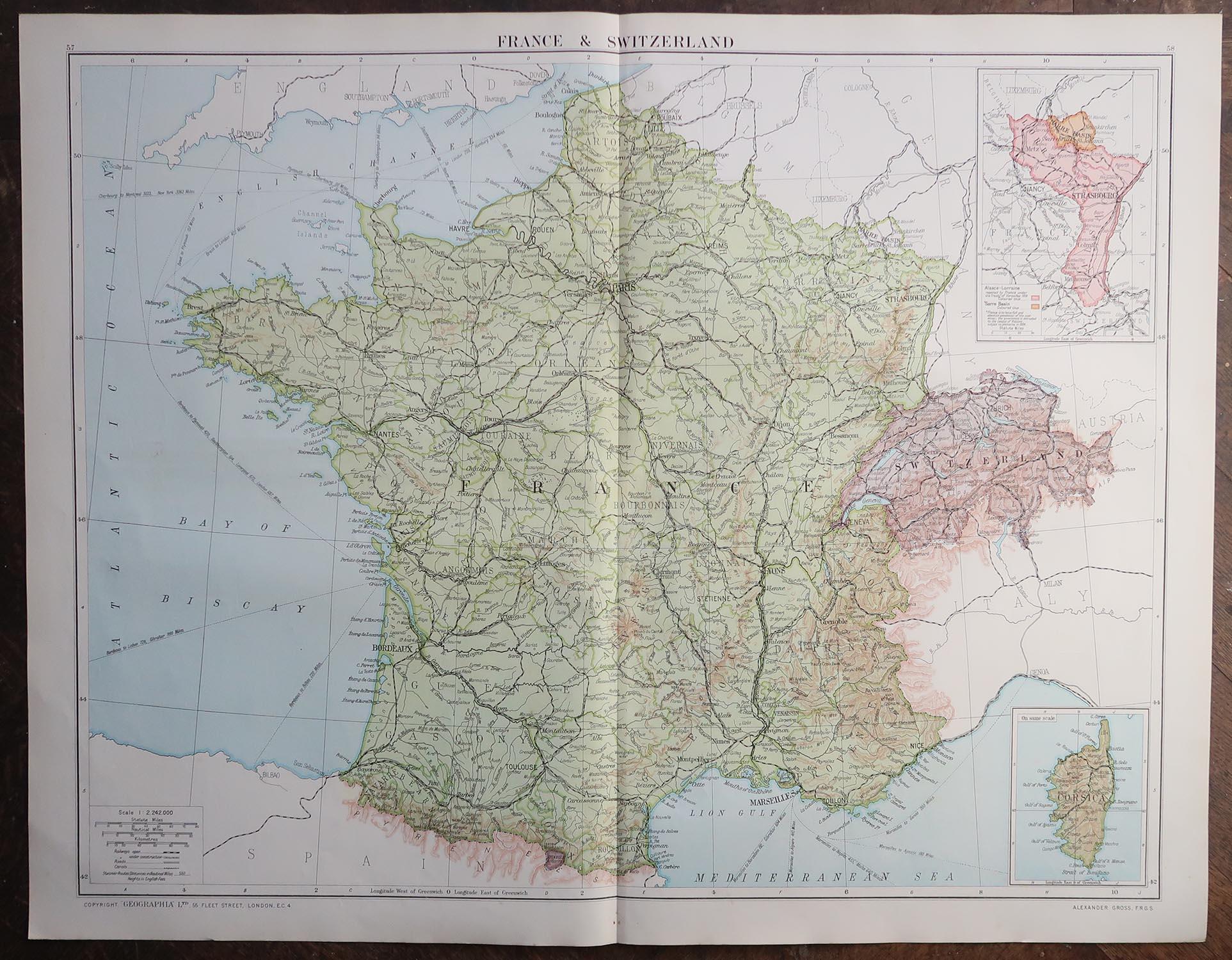 English Large Original Vintage Map of France, circa 1920