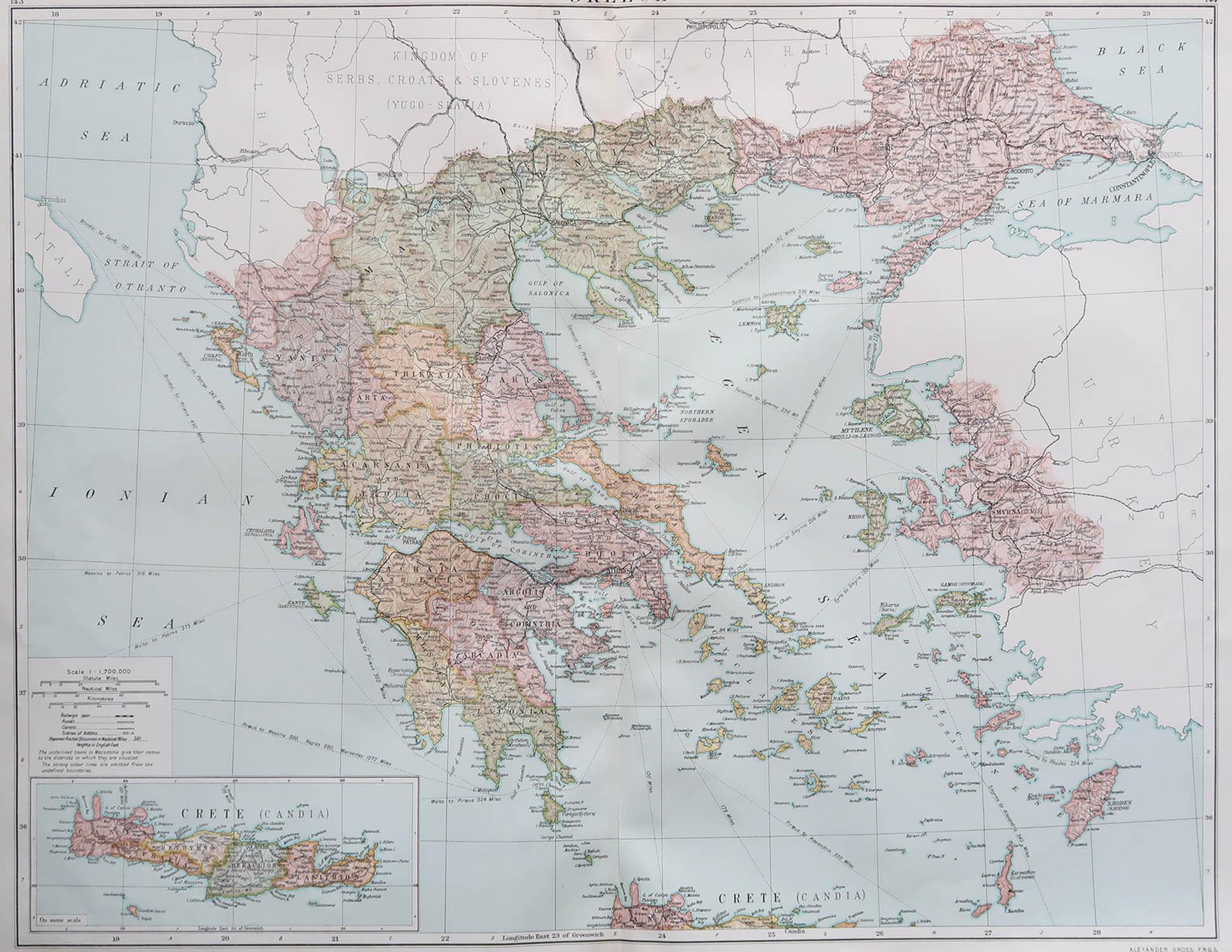 Great map of Greece

Original color.

Good condition 

Published by Alexander Gross

Unframed.








