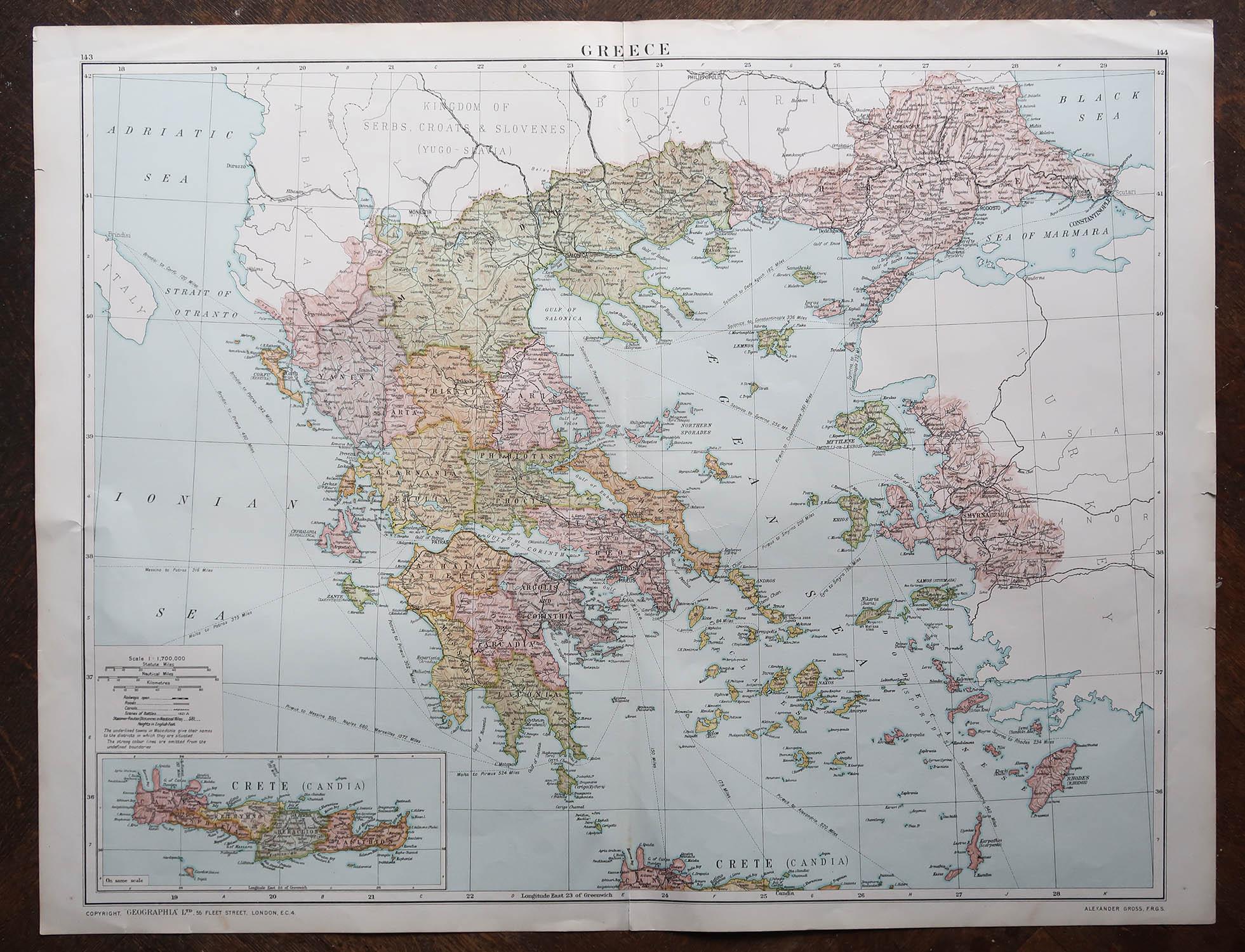 Anglais Grande carte originale de la Grèce, datant d'environ 1920