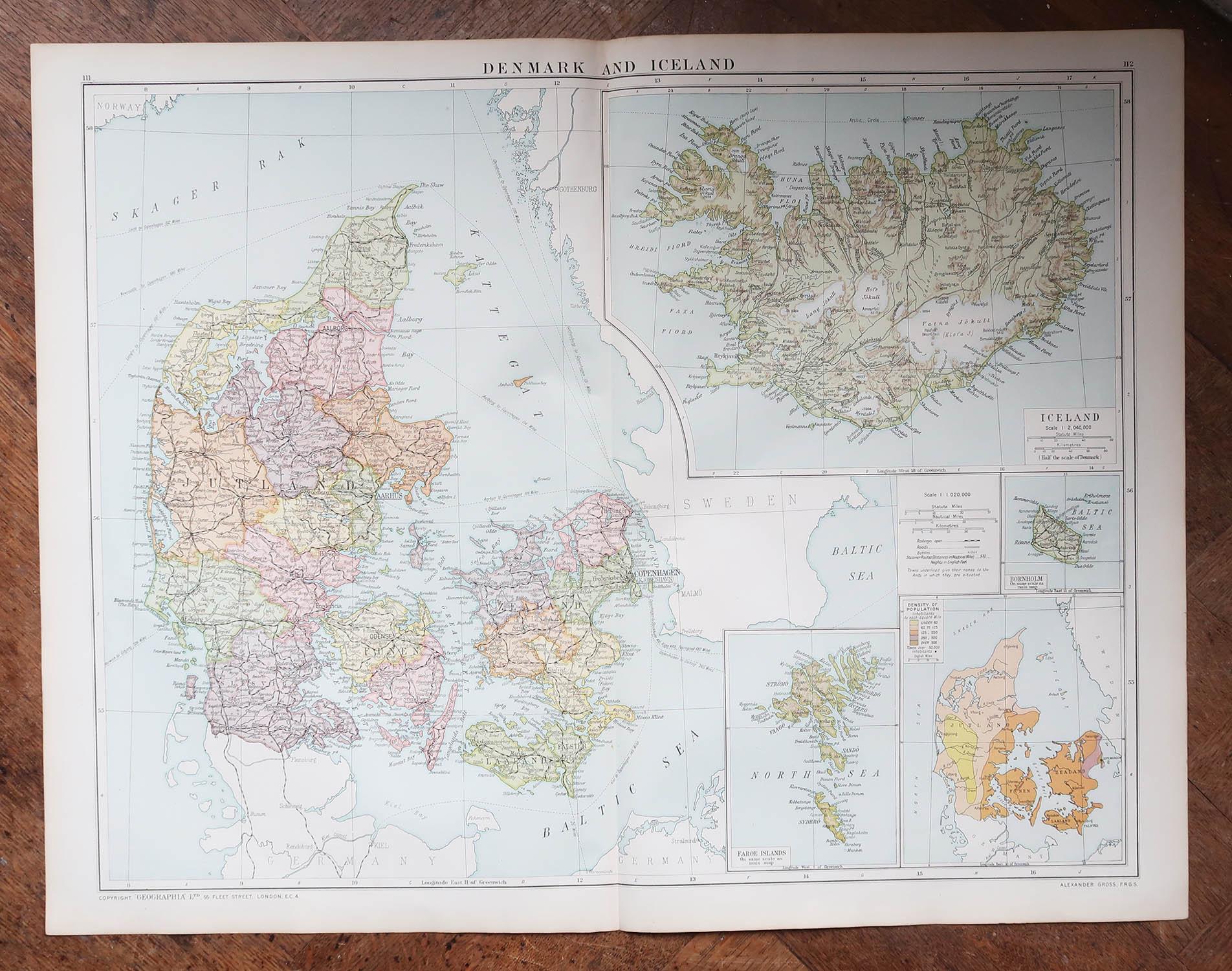 Victorian Large Original Vintage Map of Iceland, circa 1920 For Sale
