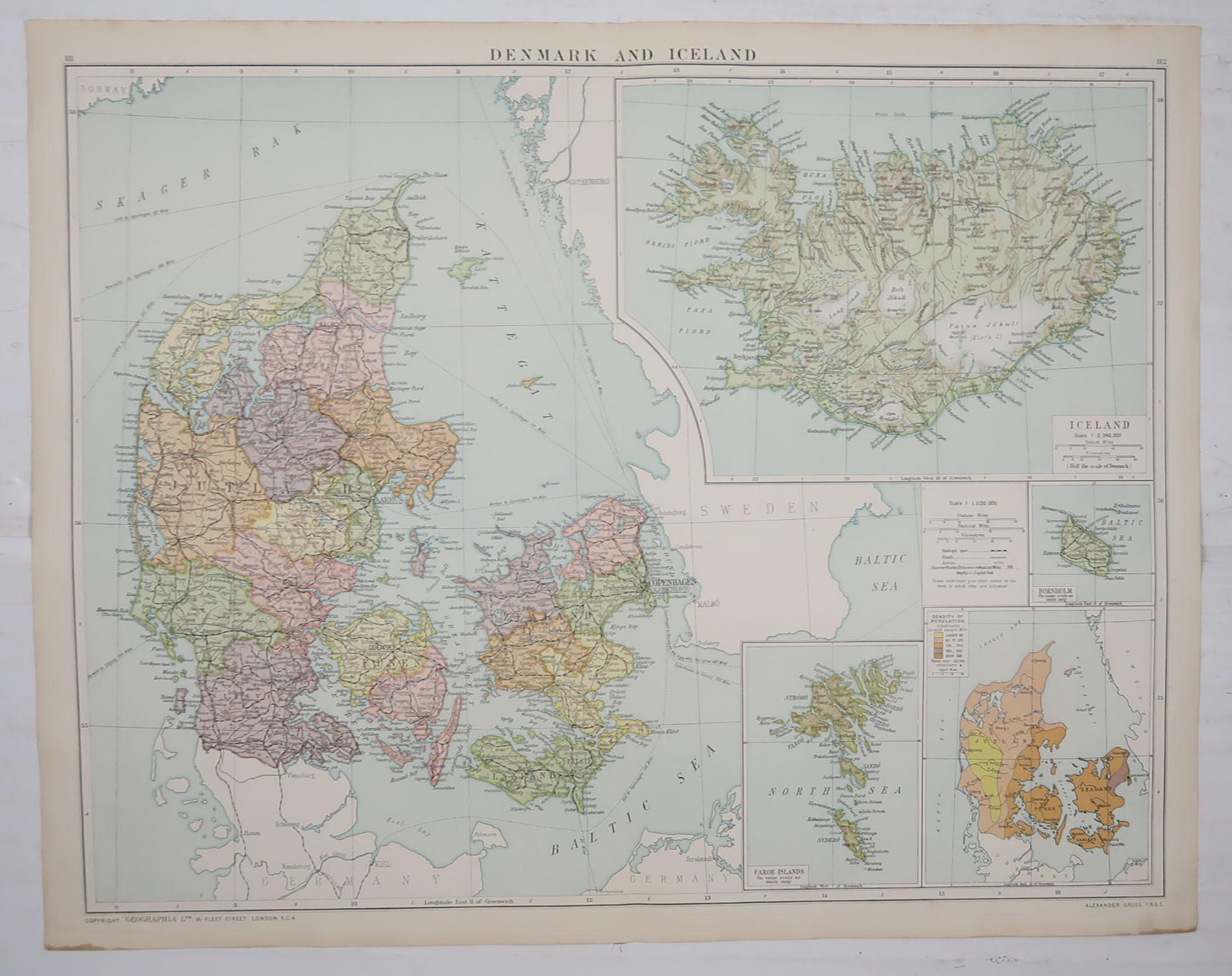 English Large Original Vintage Map of Iceland, circa 1920