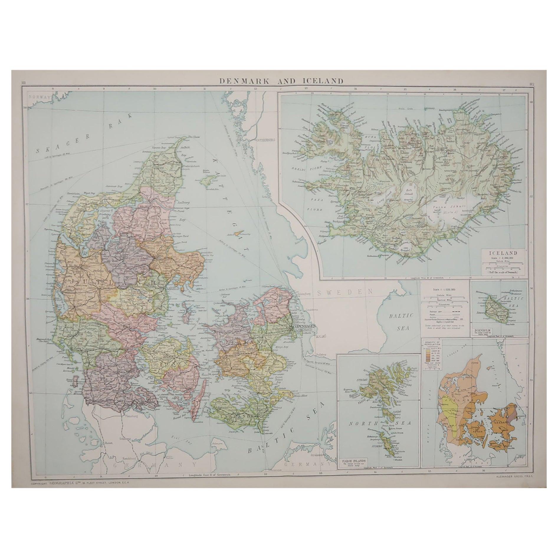 Large Original Vintage Map of Iceland, circa 1920