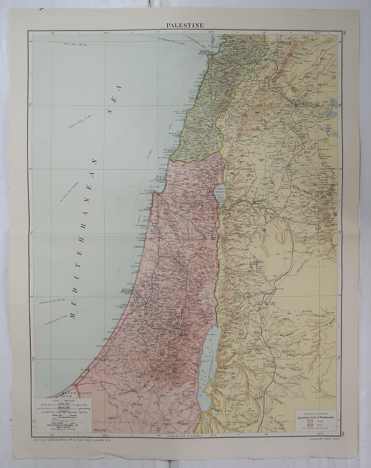 English Large Original Vintage Map of Israel, circa 1920
