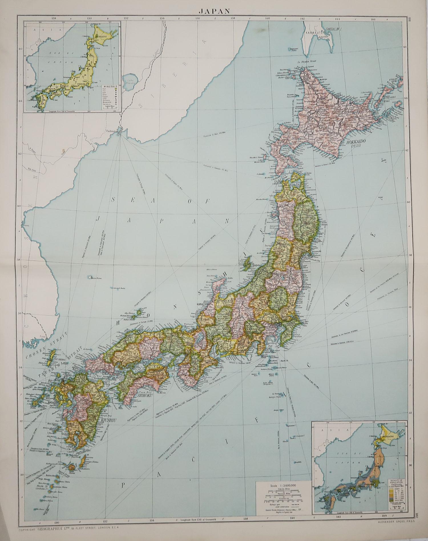 Great map of Japan

Original color. Good condition

Published by Alexander Gross

Unframed.










   